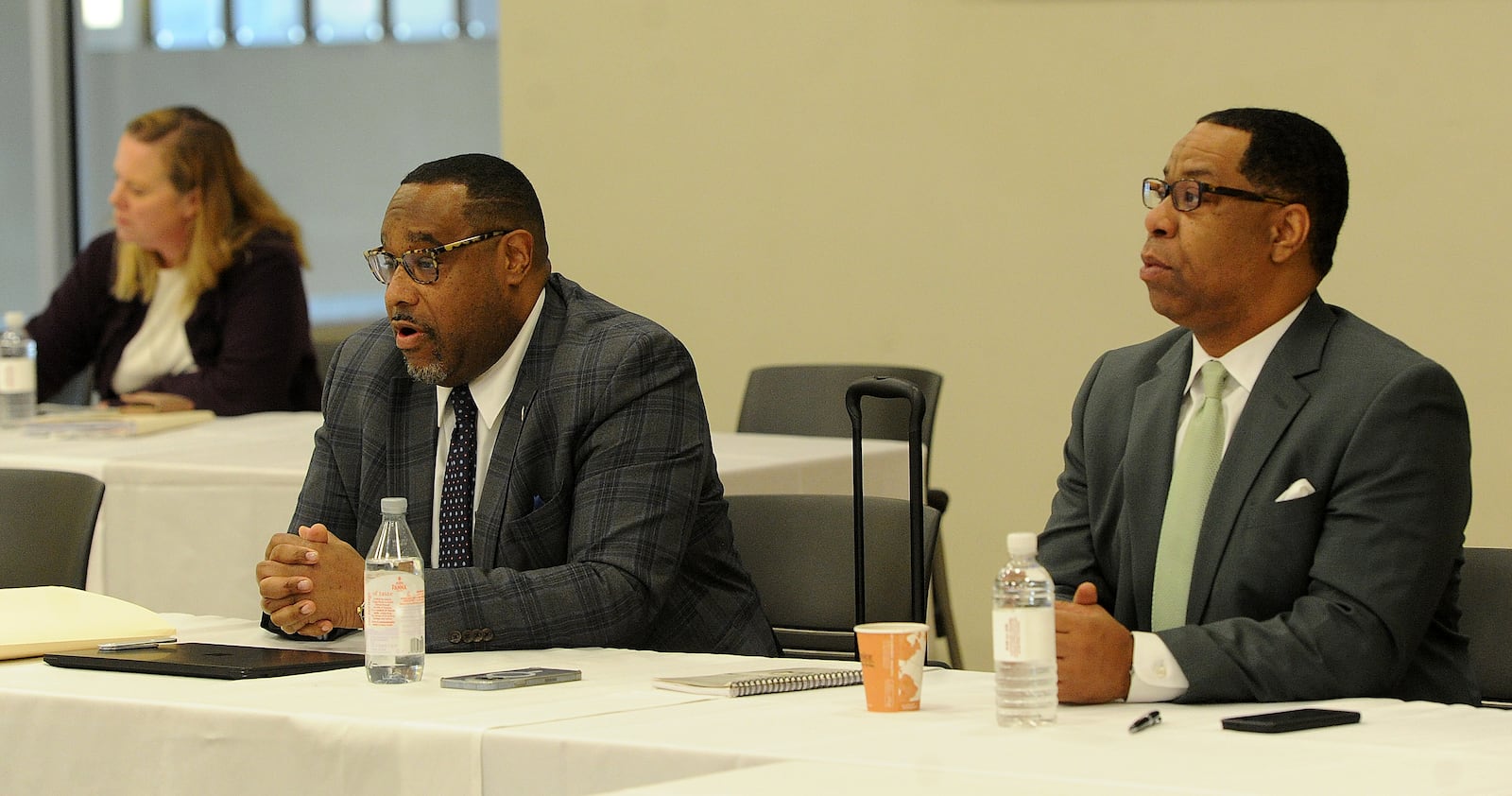 Central State University, Board of Trustees, from left, Board Chair, Mark Hatcher and Secretary, Marlon R. Moore during a meeting Tuesday, Jan. 17, 2023. MARSHALL GORBY\STAFF