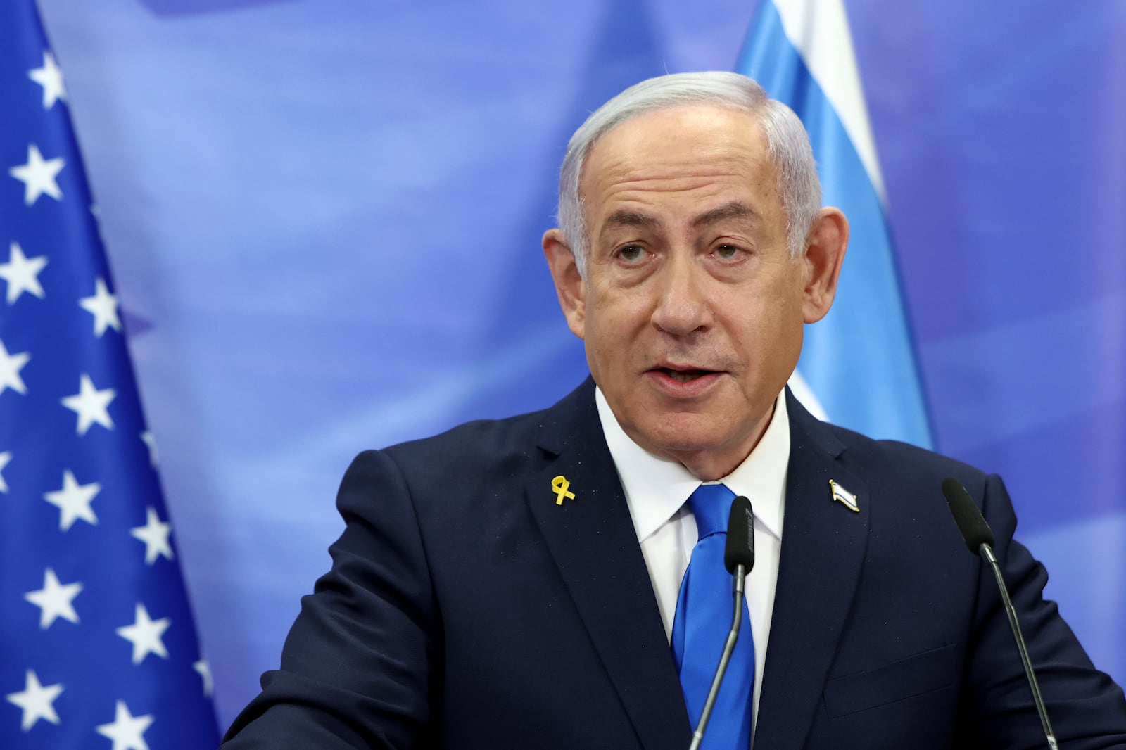 Israeli Prime Minister Benjamin Netanyahu attends a joint news conference with U.S. Secretary of State Marco Rubio at the Prime Minister's office in Jerusalem, Israel, Sunday, Feb. 16, 2025. (Evelyn Hockstein/Pool Photo via AP)