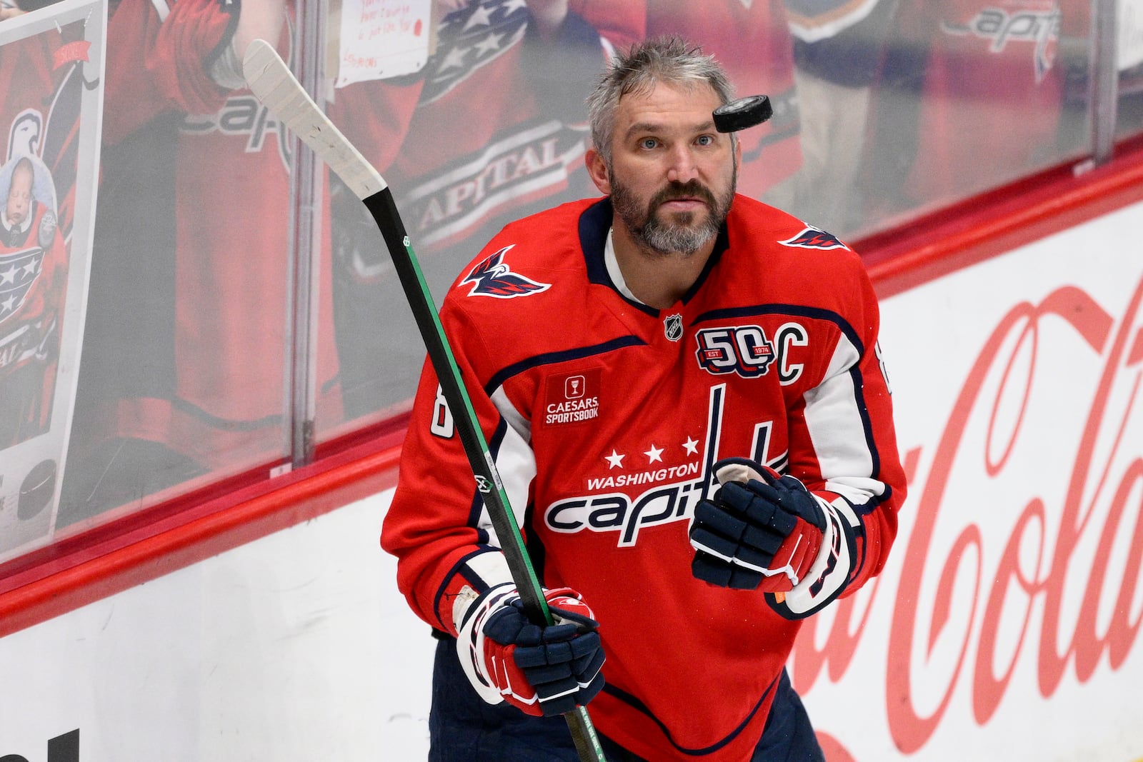 Washington Capitals left wing Alex Ovechkin warms up before an NHL hockey game against the Philadelphia Flyers, Thursday, March 20, 2025, in Washington. (AP Photo/Nick Wass)