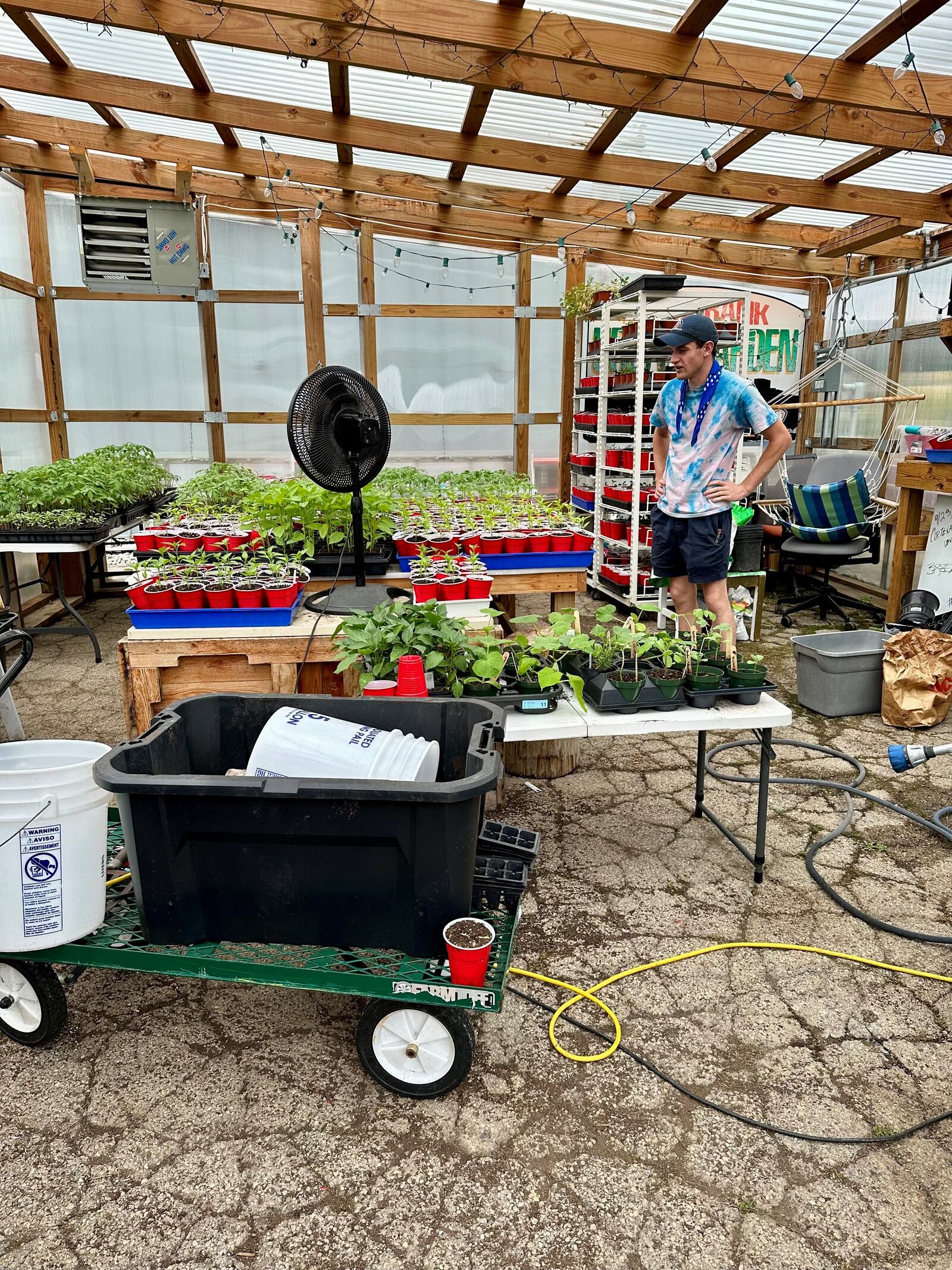 Bryan Walbridge, a garden team member at The Foodbank in Dayton, explains the seed-starting process in this small greenhouse. ROBIN McMACKEN/STAFF