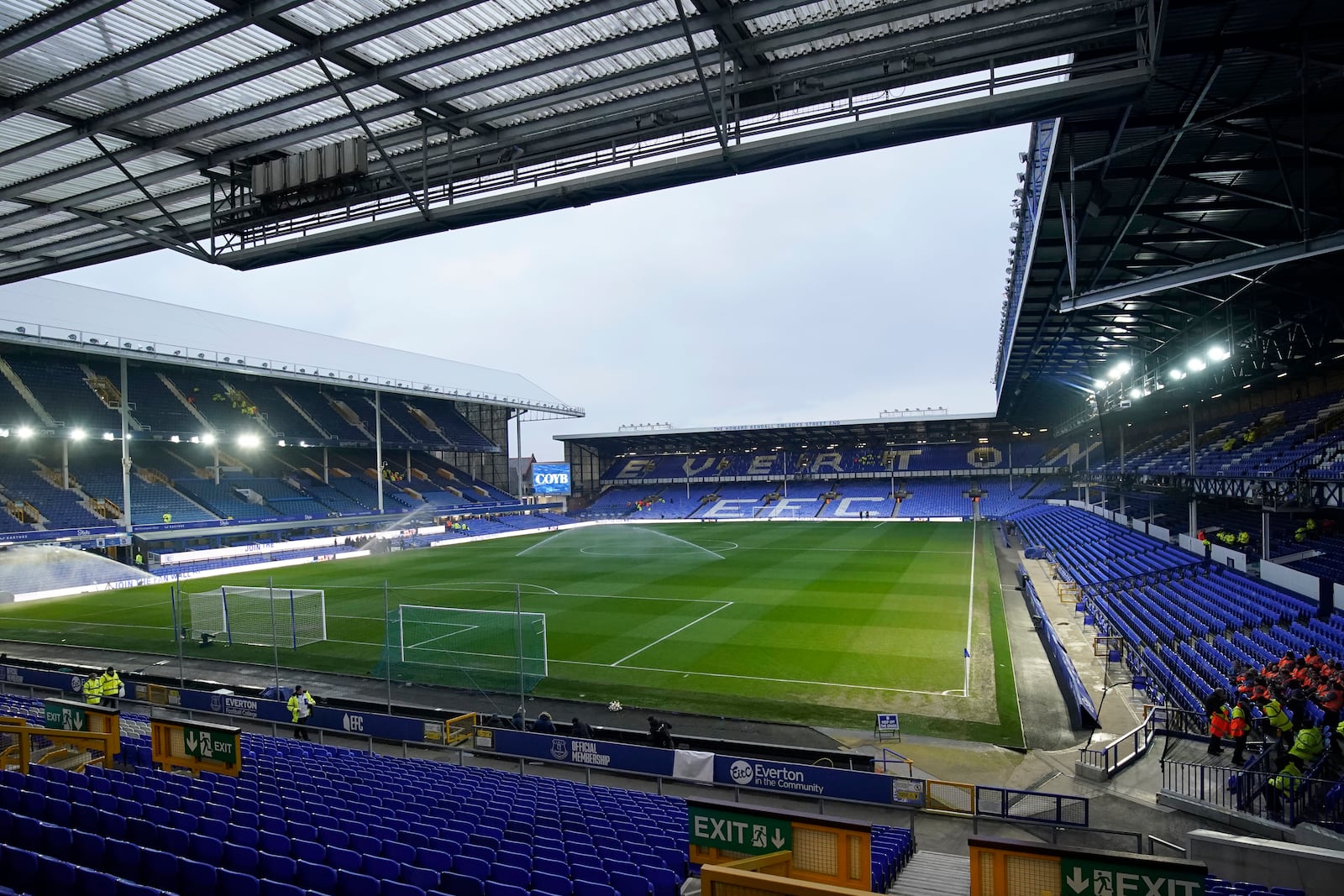 A general view of Goodison Park stadium ahead of the English Premier League soccer match between Everton and Liverpool, Liverpool, England, Wednesday, Feb.12, 2025. (AP Photo/Dave Thompson)