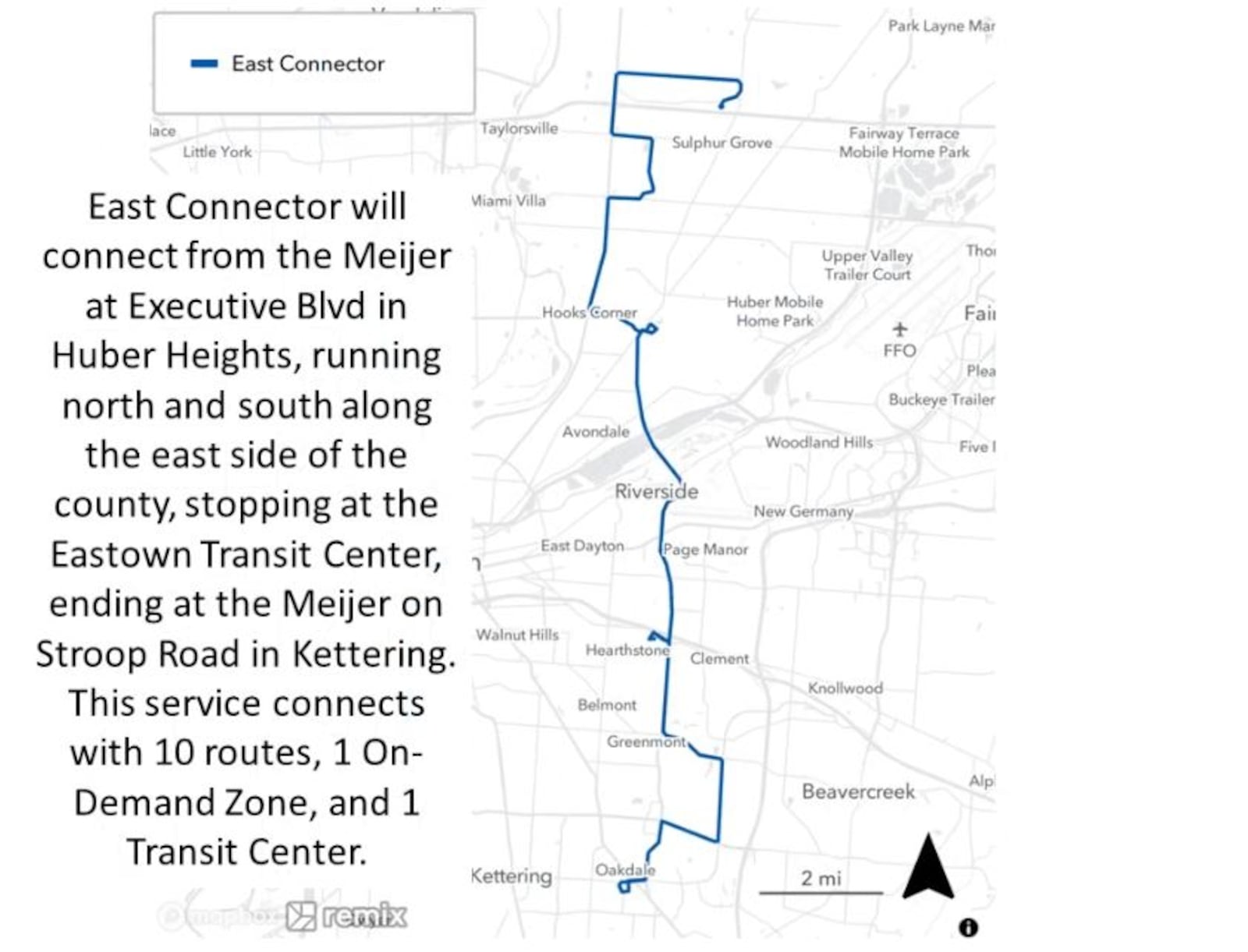 A map of Greater Dayton RTA's proposed East Connector service. CONTRIBUTED