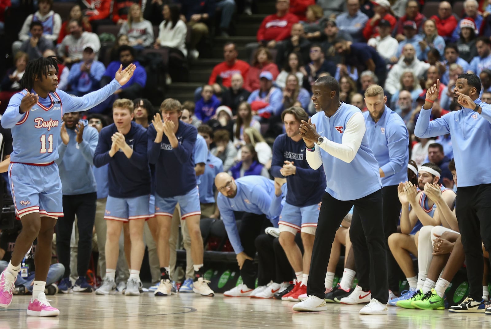 Dayton's Anthony Grant reacts to a play during a game against Cincinnati on Friday, Dec. 20, 2024, at the Heritage Bank Center in Cincinnati.