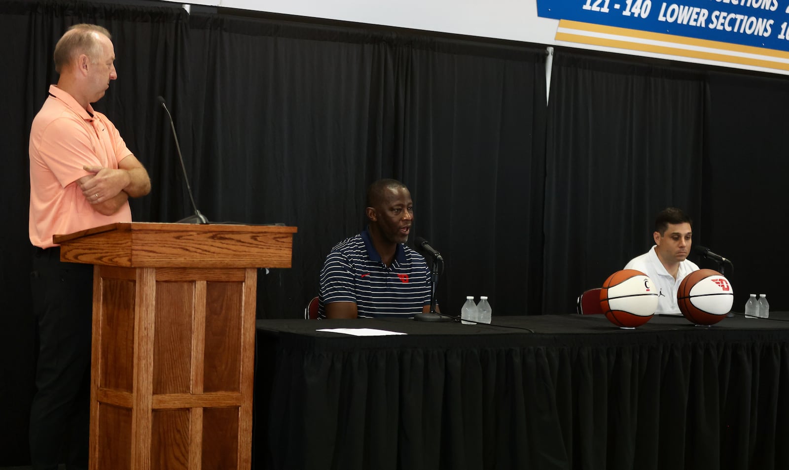 Dayton coach Anthony Grant speaks at a press conference where the Hoops Classic game between UD and Cincinnati was announced on Wednesday, July 19, 2023, at the Heritage Bank Center in Cincinnati. The Flyers and Bearcats will play at the arena on Dec. 16. David Jablonski/Staff