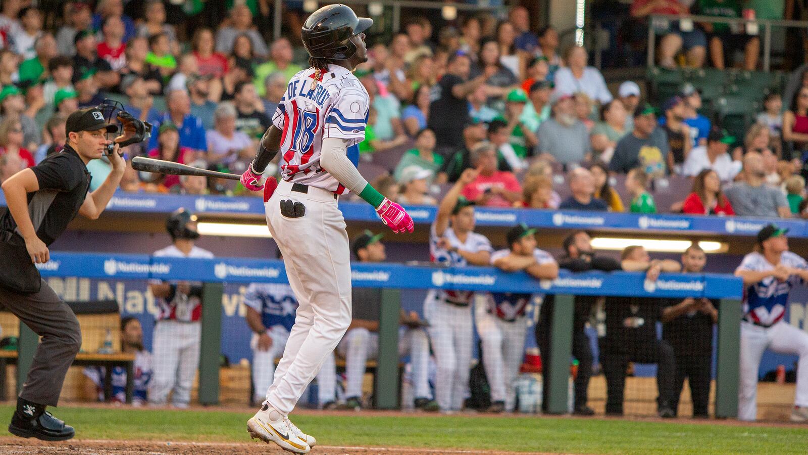 Dayton's Elly De La Cruz watches his second home run during the first game of a doubleheader against West Michigan in July 2022. CONTRIBUTED/Jeff Gilbert