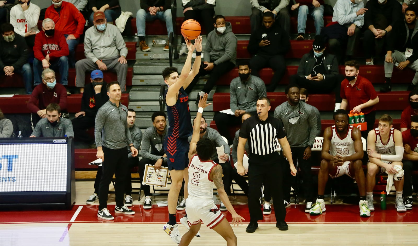 Dayton's Koby Brea makes a 3-pointer against Saint Joseph's on Saturday, Feb. 19, 2020, at Hagan Arena in Philadelphia. David Jablonski/Staff