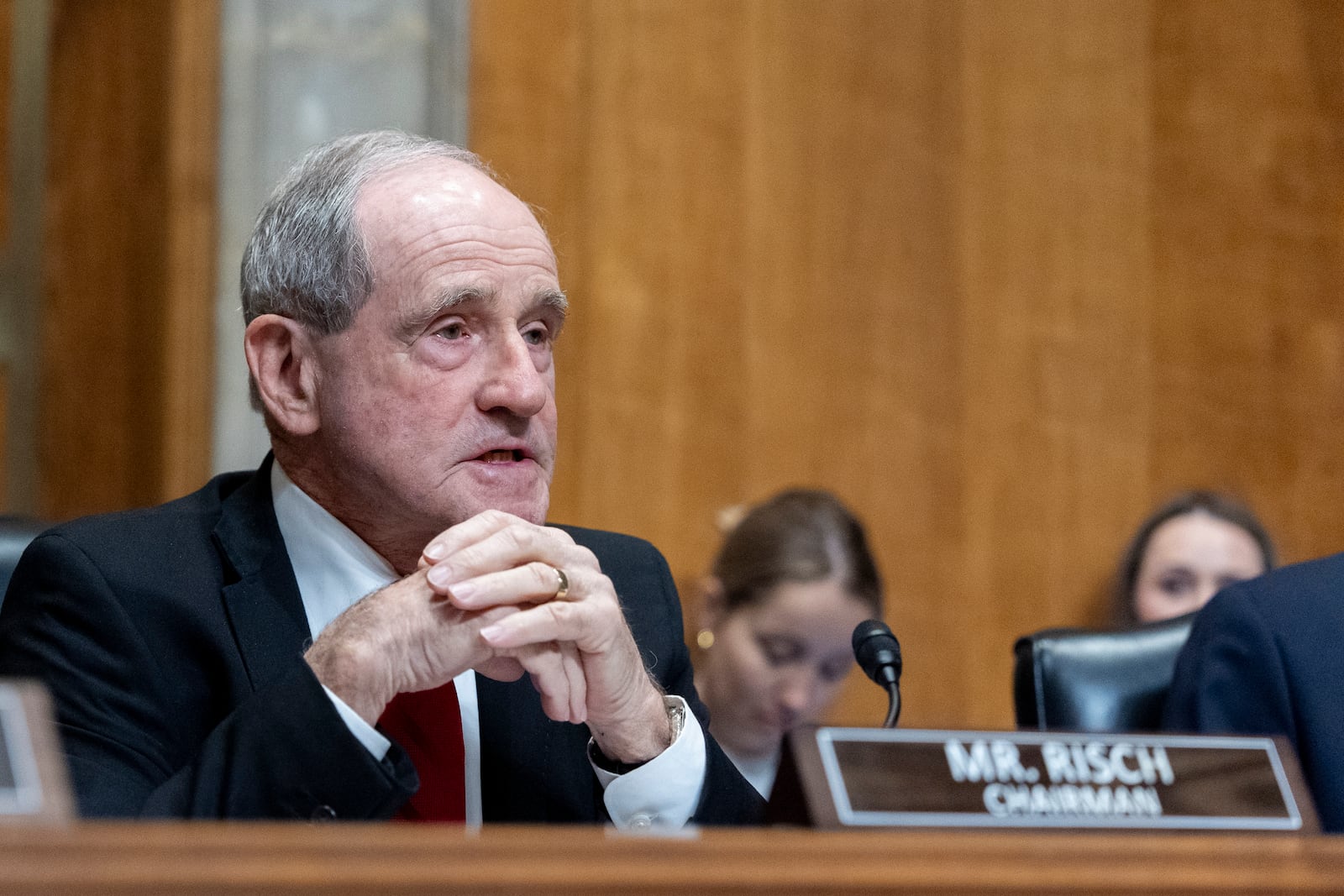 Chairman Jim Risch, of Idaho, questions Sen. Marco Rubio, R-Fla., President-elect Donald Trump's choice to be Secretary of State, as he appears before the Senate Foreign Relations Committee for his confirmation hearing, at the Capitol in Washington, Wednesday, Jan. 15, 2025. (AP Photo/Alex Brandon)