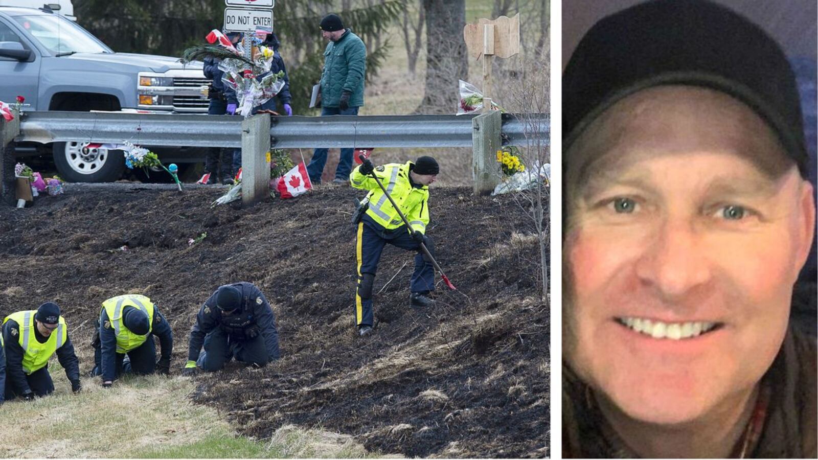 Royal Canadian Mounted Police investigators search for evidence Thursday, April 23, 2020, at the location where Constable Heidi Stevenson was killed April 19 along the highway in Shubenacadie, Nova Scotia. Stevenson was one of 22 people killed by alleged shooter Gabriel Wortman, seen at right, in the deadliest mass shooting in Canadian history. Wortman, 51, was killed a short time later in a shootout with police. (Andrew Vaughan/The Canadian Press via AP, RCMP)