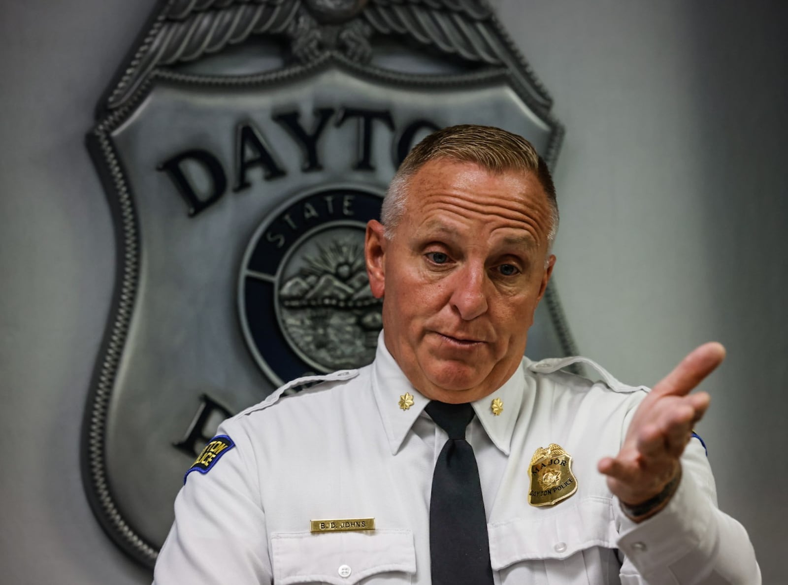 Dayton Maj. Brian Johns held a press conference Wednesday, Dec. 11, 2024, at the Safety Building to talk about an shooting early Tuesday on U.S. 35. JIM NOELKER/STAFF