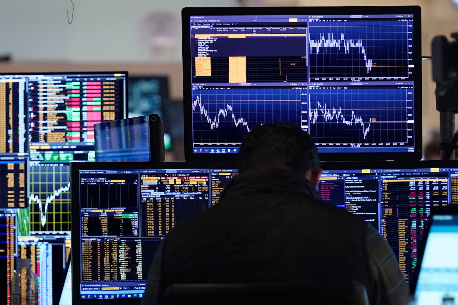 A trader works on the floor of the New York Stock Exchange, Tuesday, March 11, 2025. (AP Photo/Richard Drew)