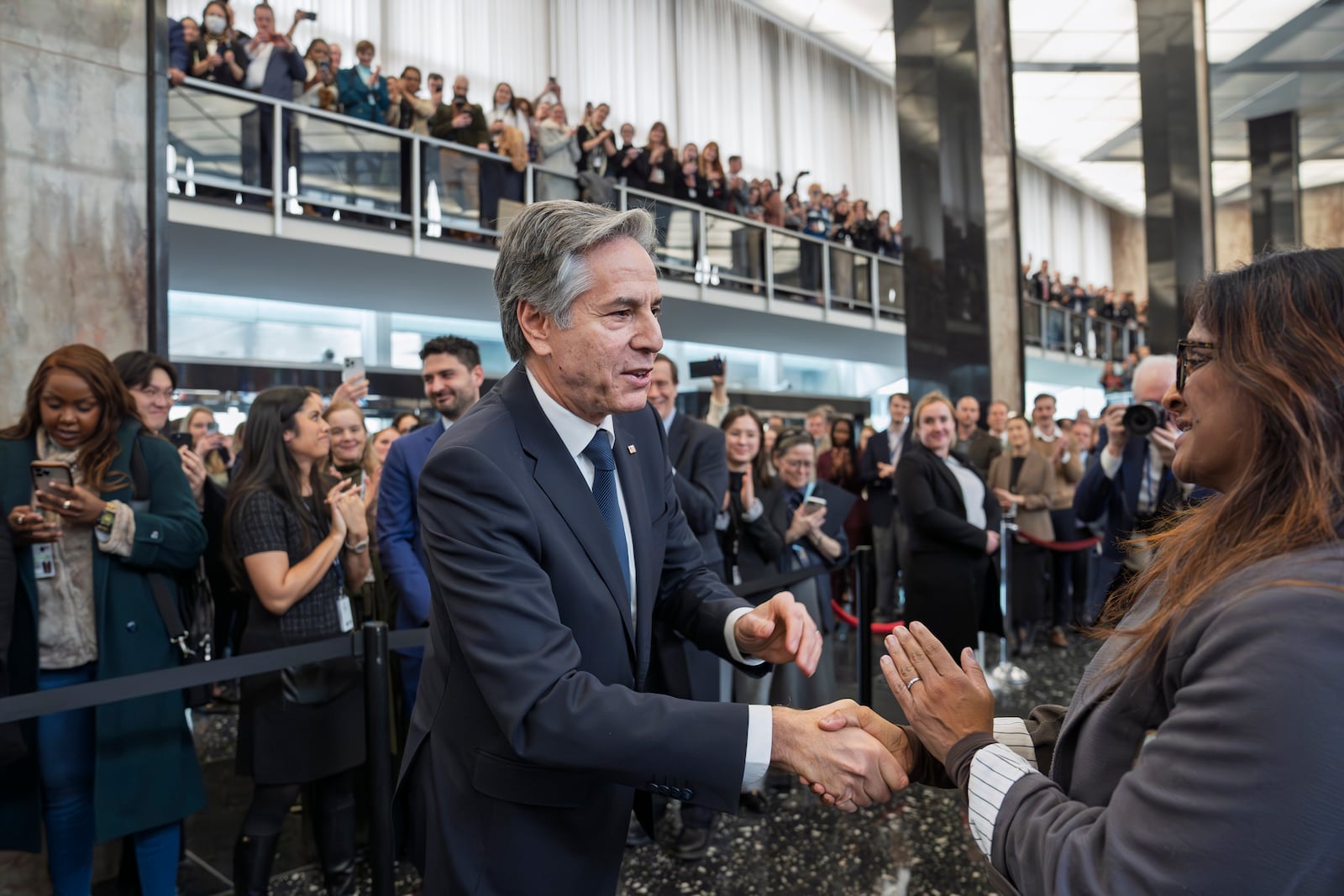 Secretary of State Antony Blinken bids farewell to diplomats and staff at the State Department in Washington, Friday, Jan. 17, 2025. (AP Photo/J. Scott Applewhite)