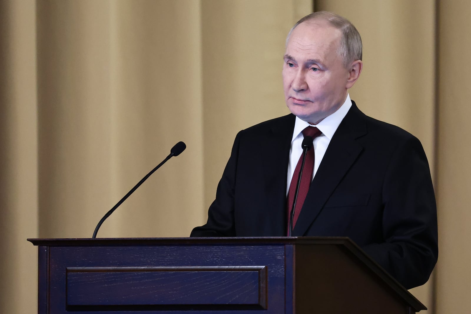 Russian President Vladimir Putin delivers his speech during a meeting of the Federal Security Service (FSB) board, in Moscow, Russia, on Thursday, Feb. 27, 2025. (Alexander Kazakov, Sputnik, Kremlin Pool Photo via AP)