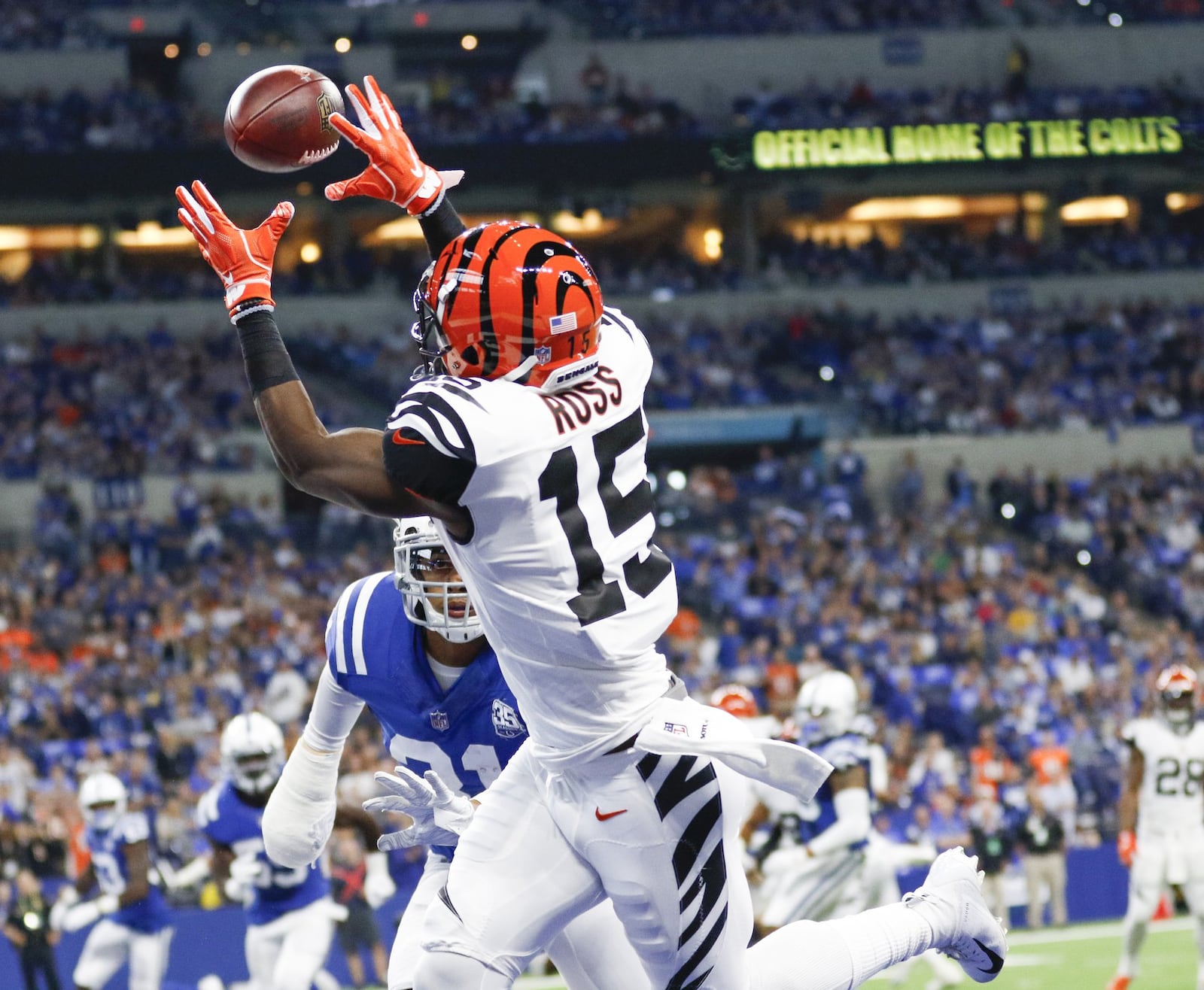 Cincinnati Bengals wide receiver John Ross (15) hauls in this touchdown pass in the second quarter against the Indianapolis Colts on Sunday, Sept. 9, 2018 at Lucas Oil Stadium in Indianapolis, Ind. (Sam Riche/TNS)