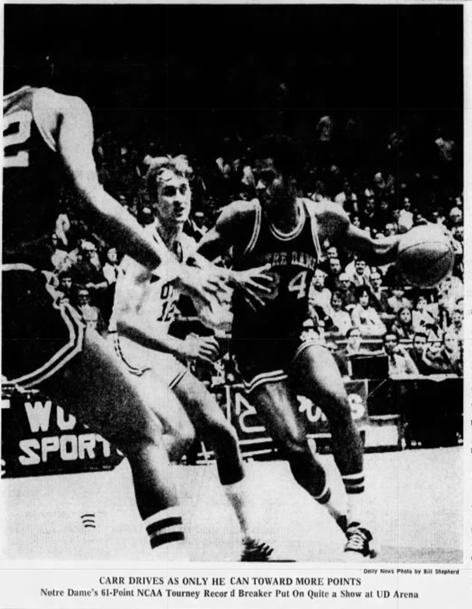 Notre Dame's Austin Carr dribbles against Ohio during a 1970 NCAA tournament game at UD Arena. Photo by Bill Shepherd