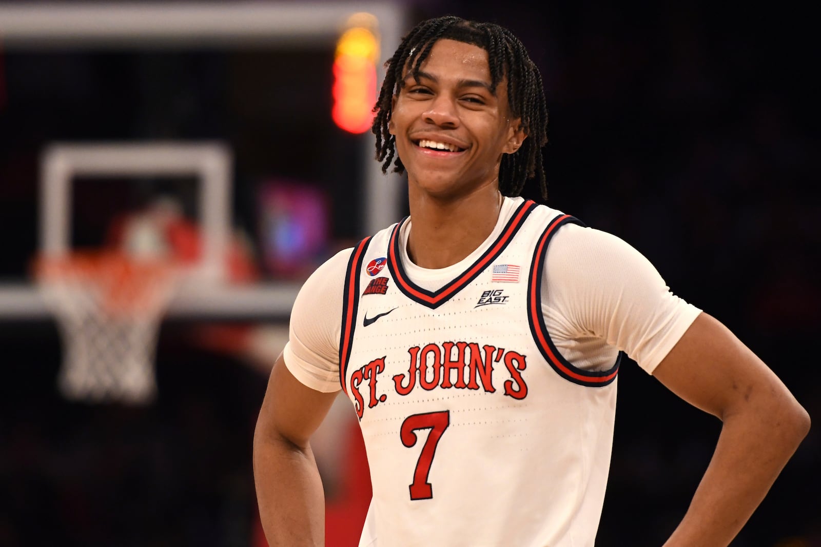 St. John's guard Simeon Wilcher (7) stands on the court during the first half of an NCAA college basketball game against Xavier, Wednesday, Jan. 22, 2025, in New York. (AP Photo/Pamela Smith)