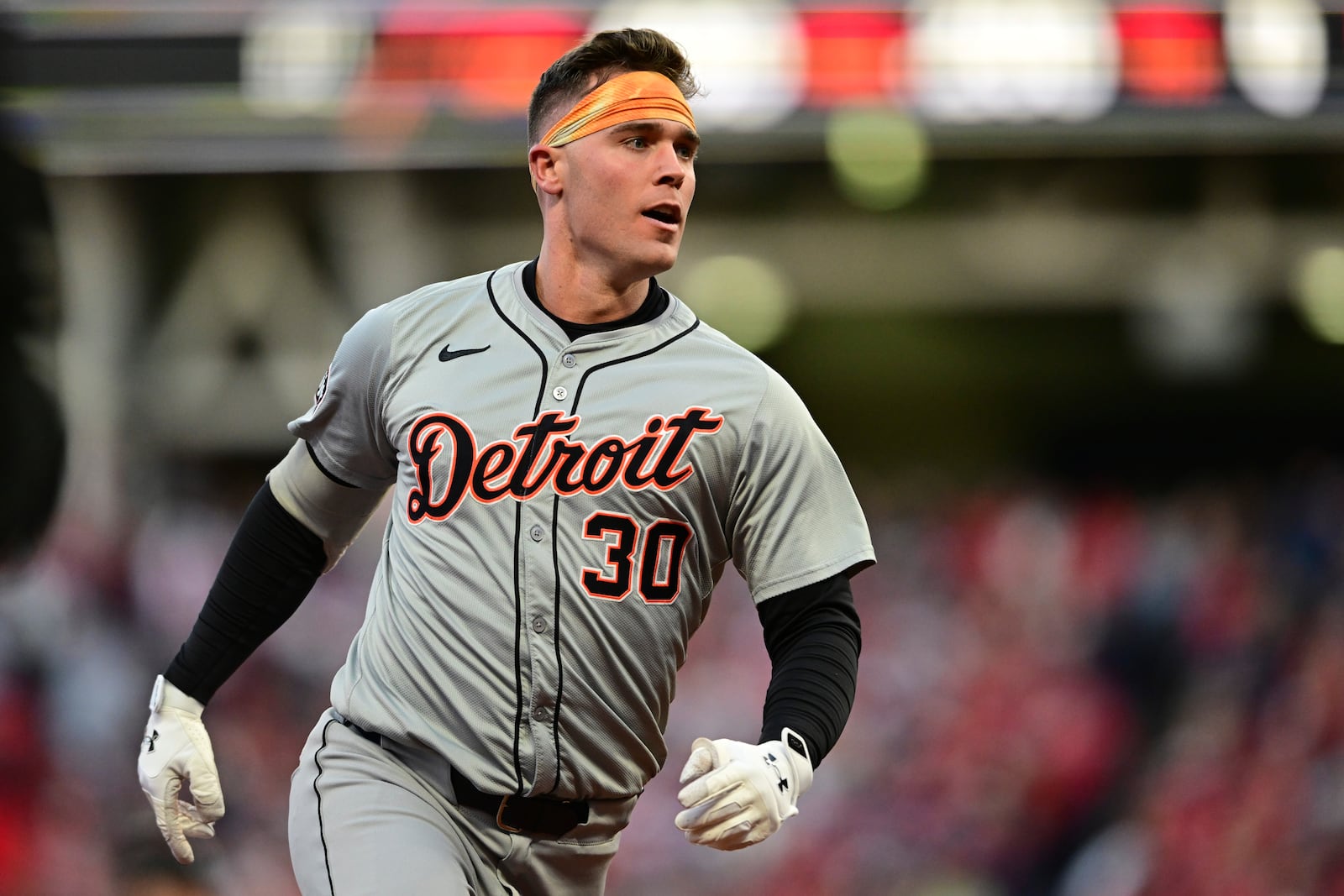 Detroit Tigers' Kerry Carpenter runs the bases with a three-run home run in the ninth inning during Game 2 of baseball's AL Division Series against the Cleveland Guardians, Monday, Oct. 7, 2024, in Cleveland. (AP Photo/David Dermer)