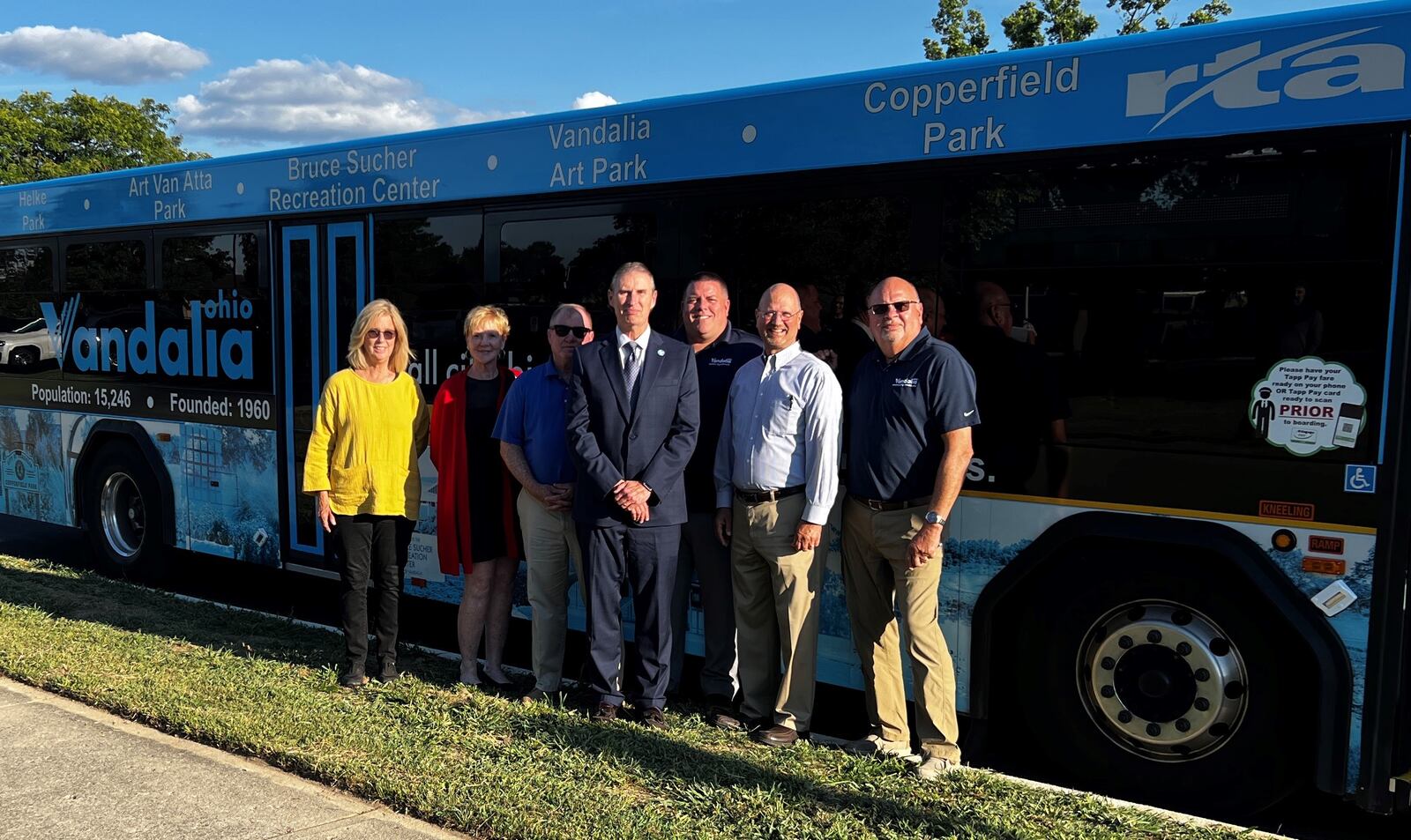 Members of the Vandalia City Council show off an RTA bus celebrating the city in 2022. From left are Candice Farst, Constance Woods, David Lewis, Mayor Richard Herbst, Corey M. Follick, Michael Blakesly and Robert Ahlers. Woods and Ahlers are no longer on city council as of 2024.