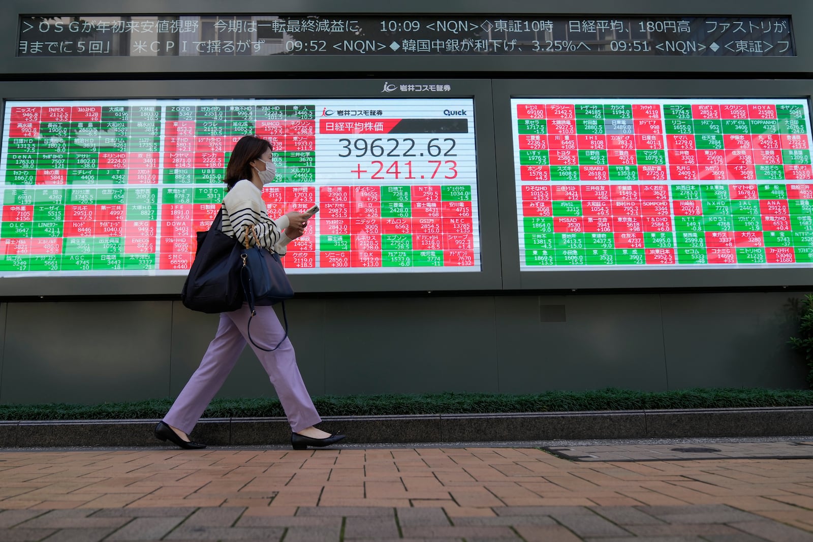 A passerby moves past an electronic stock board showing Japan's Nikkei 225 index and stock prices outside a securities building Friday, Oct. 11, 2024 in Tokyo. (AP Photo/Shuji Kajiyama)