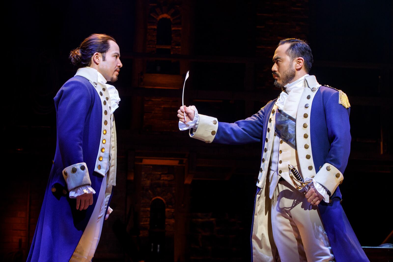 Joseph Morales and Nik Walker will lead the second national tour of Hamilton as Alexander Hamilton and Aaron Burr, respectively. The tour will come to Dayton's Schuster Center in 2022. JOAN MARCUS/CONTRIBUTED PHOTO