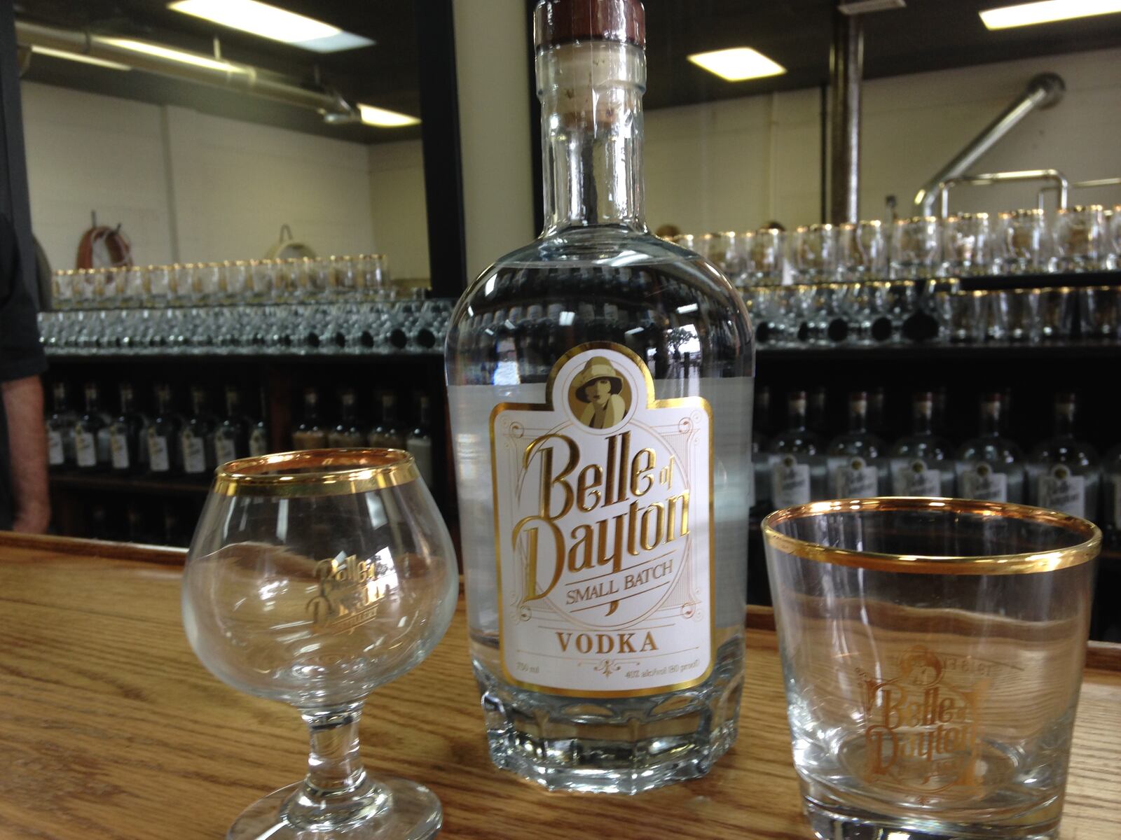 Belle of Dayton Vodka retails for $24.95. Glassware ranges from $5.95 to $11.95. (Staff photo by Amelia Robinson)