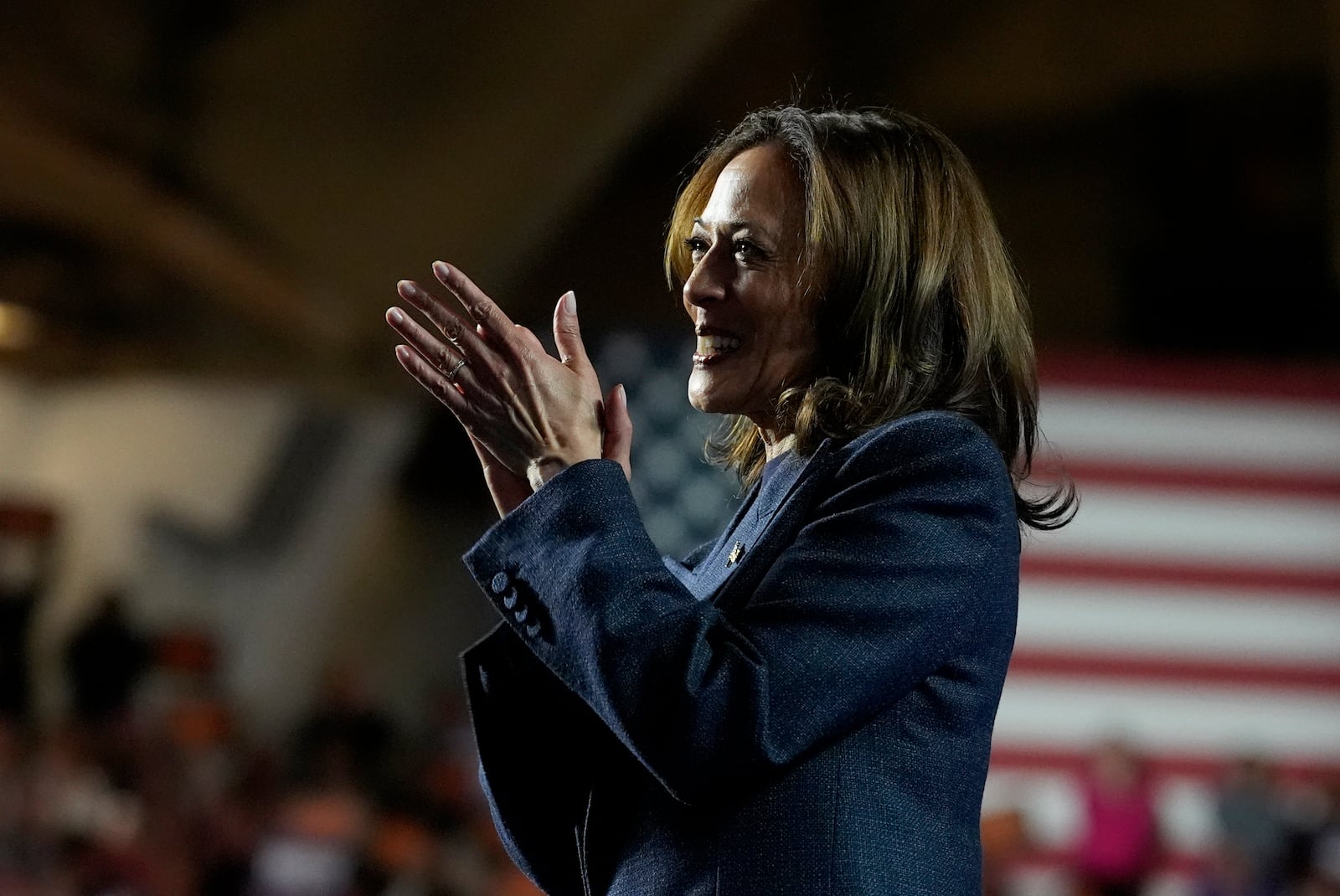 Democratic presidential nominee Vice President Kamala Harris speaks during a campaign rally at Jenison Field House on the campus of Michigan State University, Sunday, Nov. 3, 2024, in East Lansing, Mich. (AP Photo/Jacquelyn Martin)