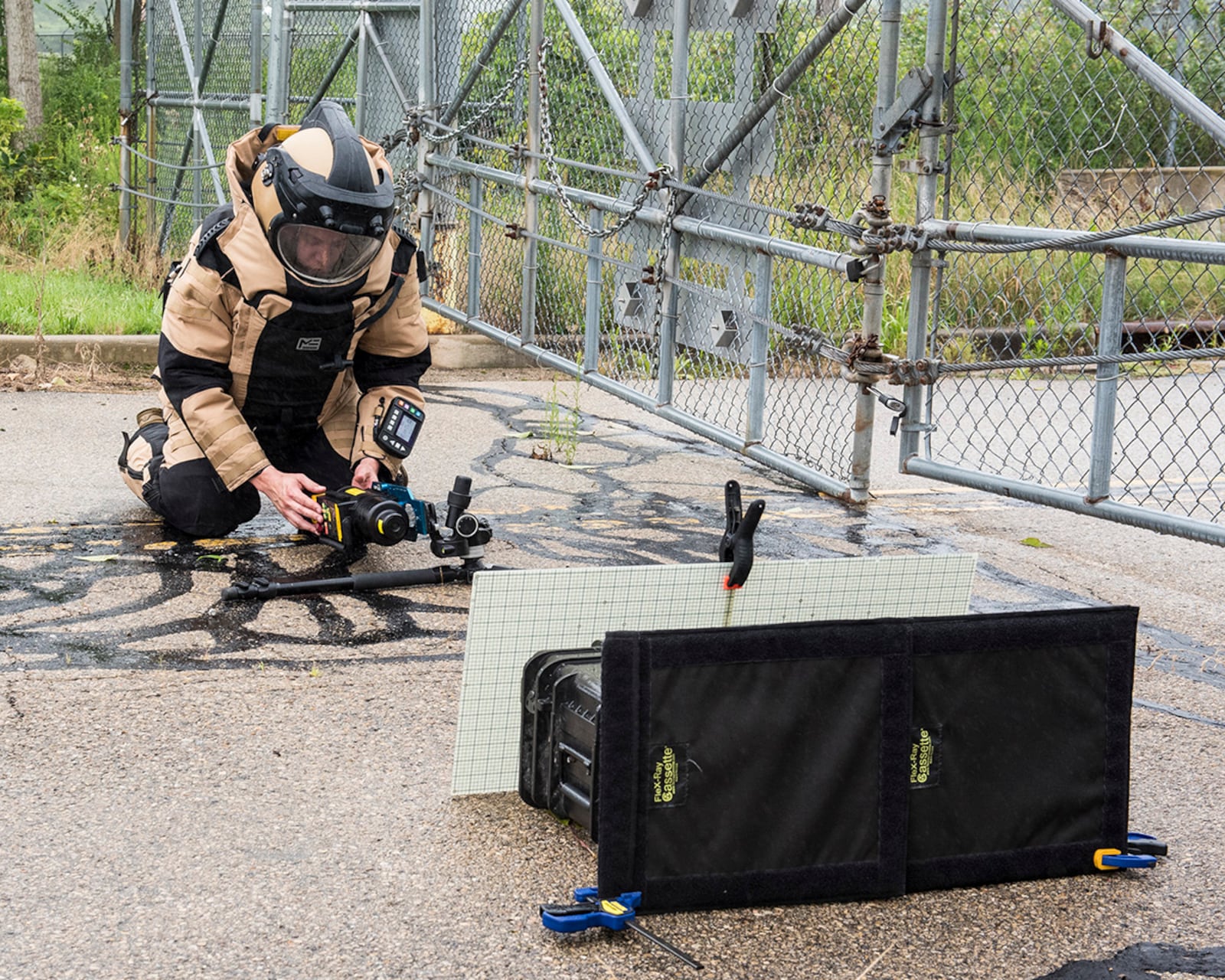 Staff Sgt. Matthew Maurer, the 788th Civil Engineer Squadron’s Explosive Ordnance Disposal Flight team leader, uses a ScanX X-ray system to determine the contents of a potential improvised explosive device during an active-shooter exercise Aug. 10 at Wright-Patterson Air Force Base. U.S. AIR FORCE PHOTO/JAIMA FOGG