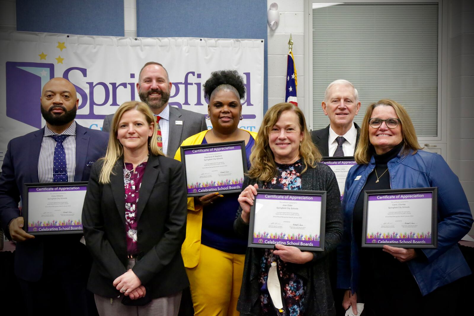 Springfield City School District Board of Education members: Chris Williams, Stephanie Stephens, Joan Elder, Jamie Callan and Carol Dunlap with Treasurer Nicole Cottrell and Superintendent Bob Hill. Contributed