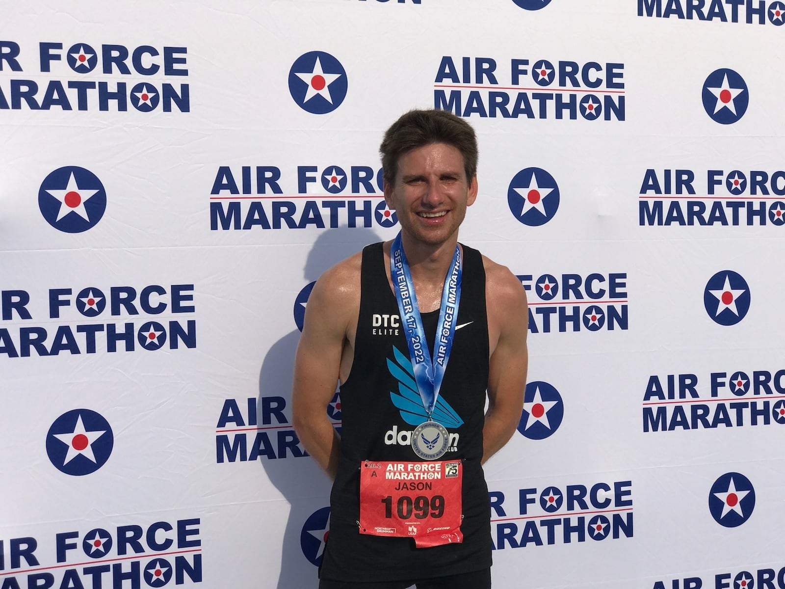 Jason Salyer of Tipp City won the men's marathon Saturday at Wright Patterson Air Force Base. Tom Archdeacon/STAFF