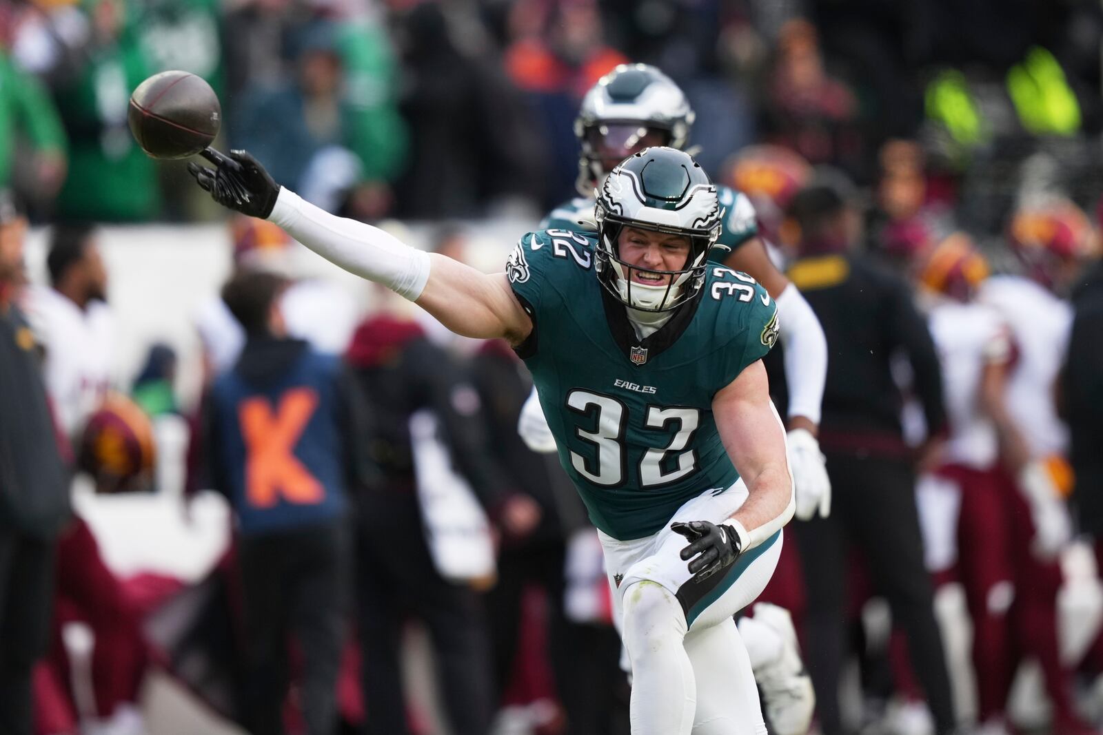 Philadelphia Eagles' Reed Blankenship (32) celebrates after recovering a fumble against the Washington Commanders during the first half of the NFC Championship NFL football game, Sunday, Jan. 26, 2025, in Philadelphia. (AP Photo/Matt Slocum)