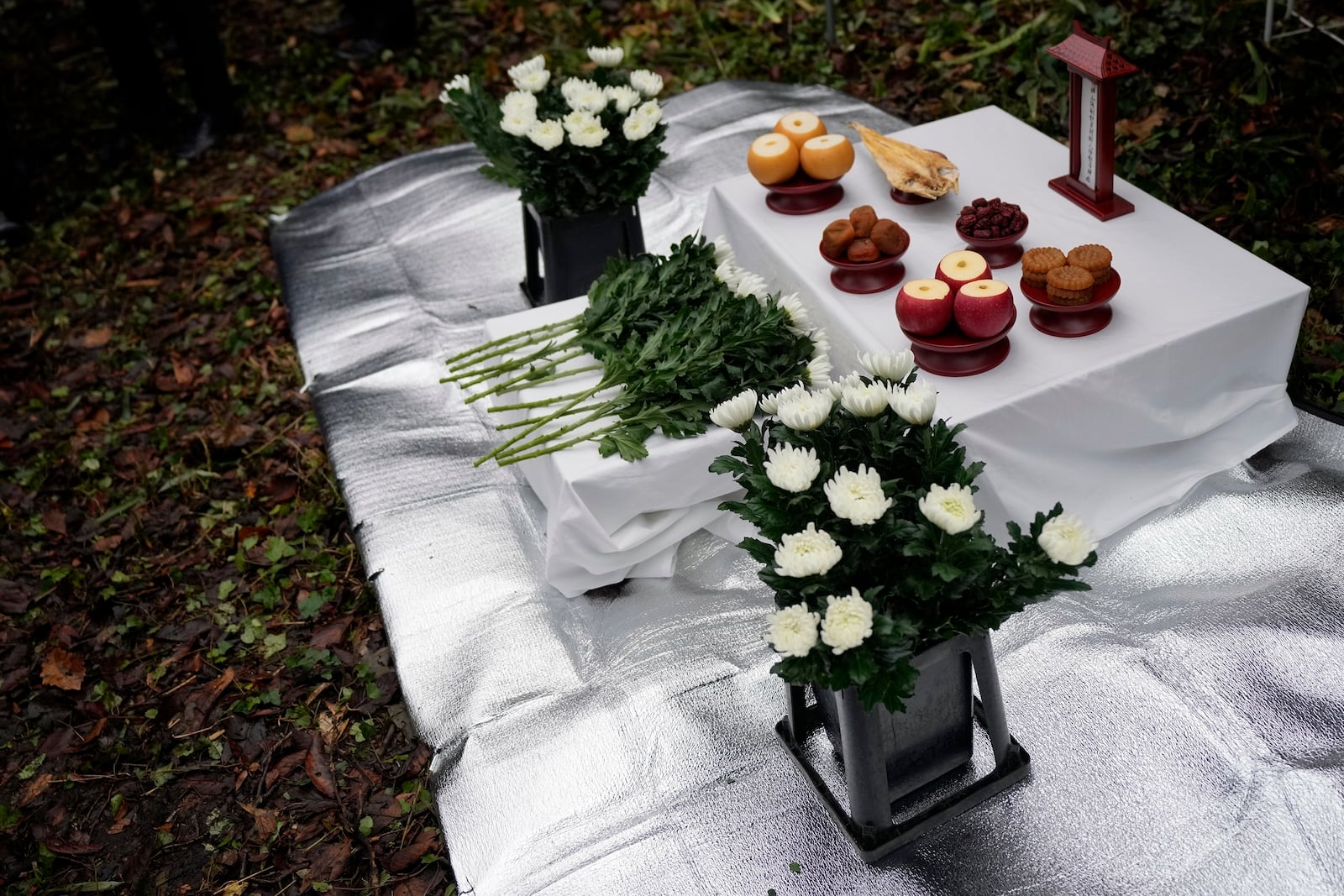 Offering by the relatives of Korean victims and South Korean officials are seen at an alter after a memorial service at the site of former Fourth Souai Dormitory for the mine workers from the Korean Peninsula, in Sado, Niigata prefecture, Japan, Monday, Nov. 25, 2024, a day after boycotting a memorial organized by Japanese officials. (AP Photo/Eugene Hoshiko)