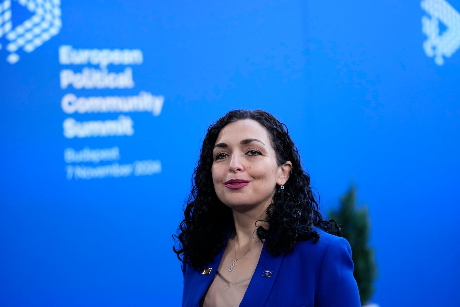 Kosovo's President Vjosa Osmani arrives for the European Political Community (EPC) Summit at the Puskas Arena in Budapest, Hungary, Thursday, Nov. 7, 2024. (AP Photo/Petr Josek)