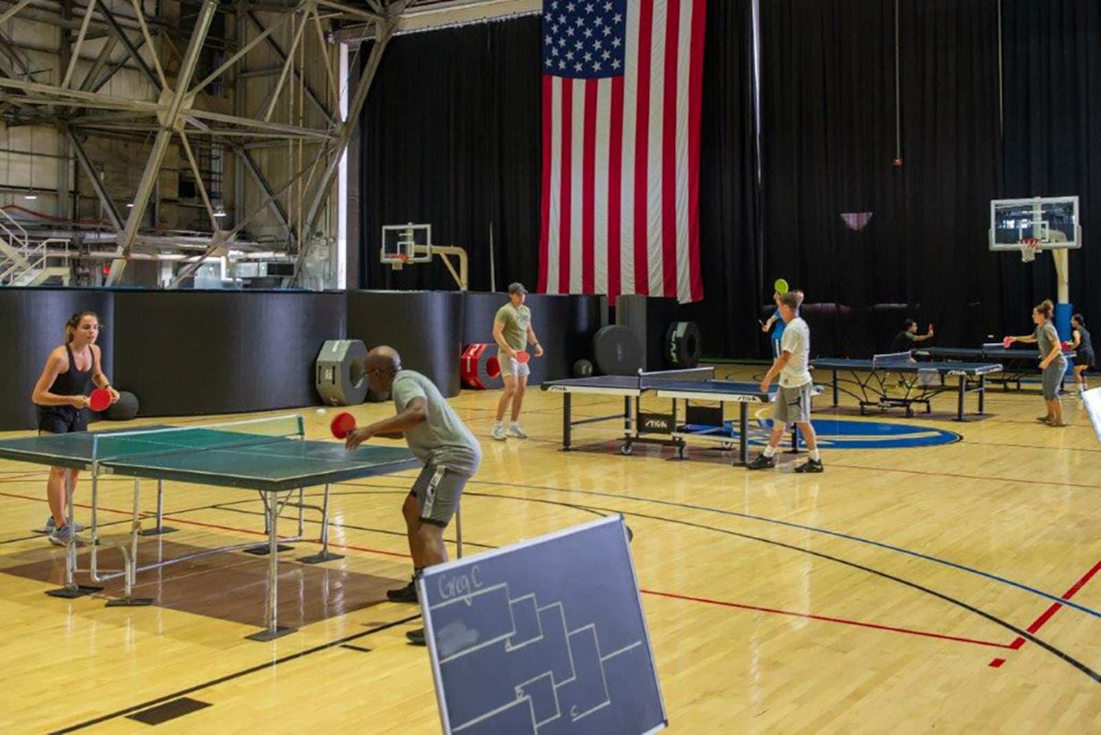 Players square off during the year’s second Ping-Pong tournament Aug. 11 at Wright Field Fitness Center. The double-elimination event featured 16 players. U.S. AIR FORCE PHOTO/AIRMAN 1ST CLASS JAMES JOHNSON