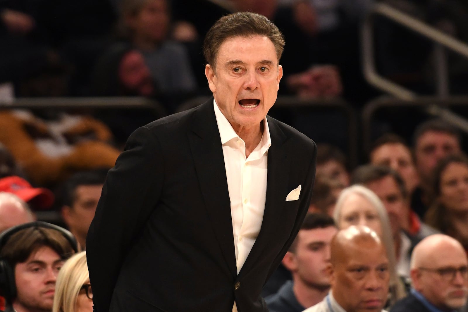 St. John's head coach Rick Pitino yells on the court during the first half of an NCAA college basketball game against Xavier, Wednesday, Jan. 22, 2025, in New York. (AP Photo/Pamela Smith)