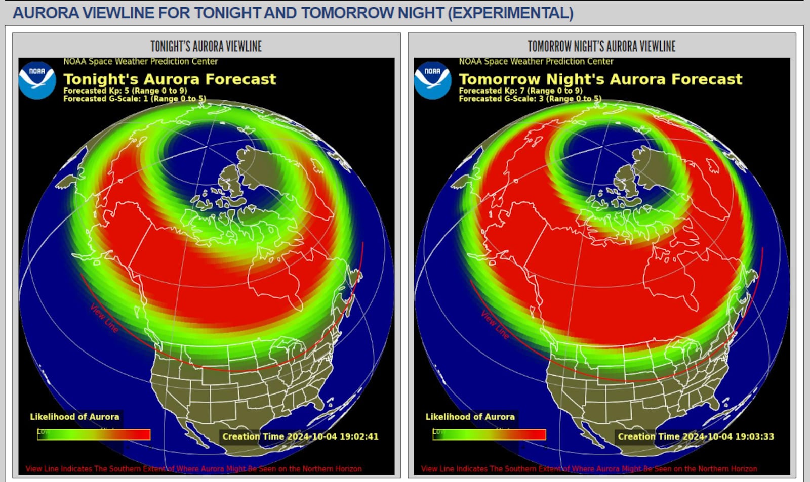 The northern lights may be visible Oct. 4-6, 2024, due to a strong geomagnetic storm. Photo courtesy the National Oceanic and Atmospheric Administration Space Weather Prediction Center.