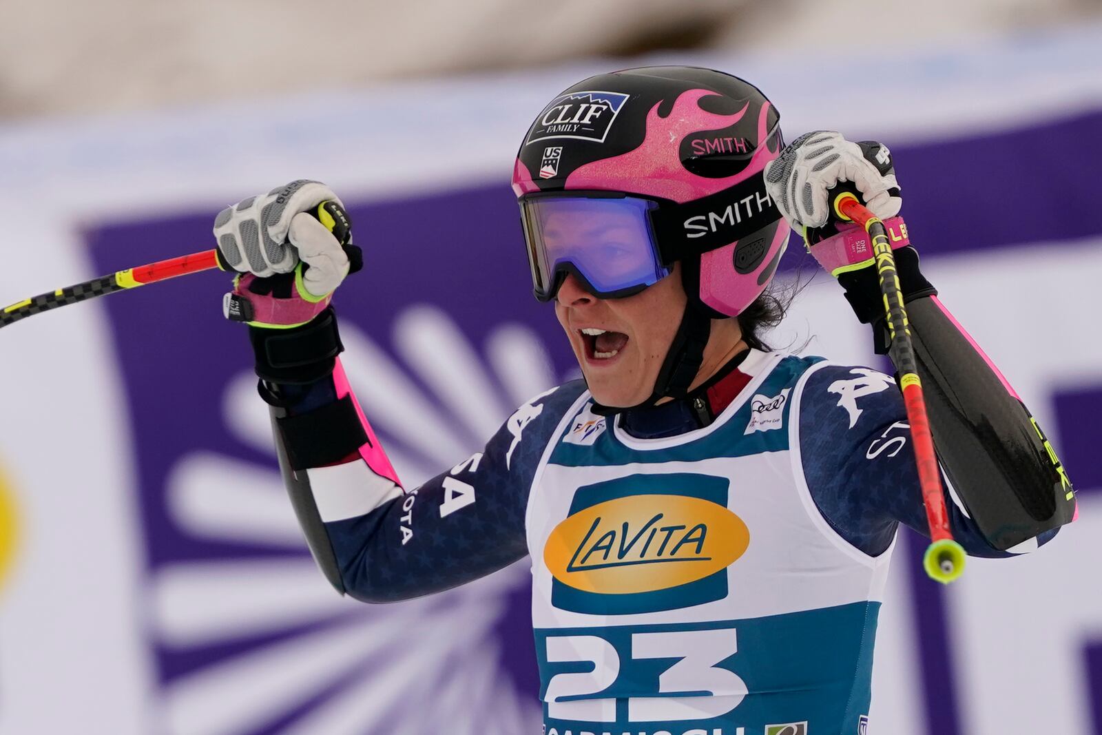 United States' Keely Cashman reacts after completing an alpine ski, women's World Cup super G, in Garmisch, Germany, Sunday, Jan. 26, 2025. (AP Photo/Piermarco Tacca)