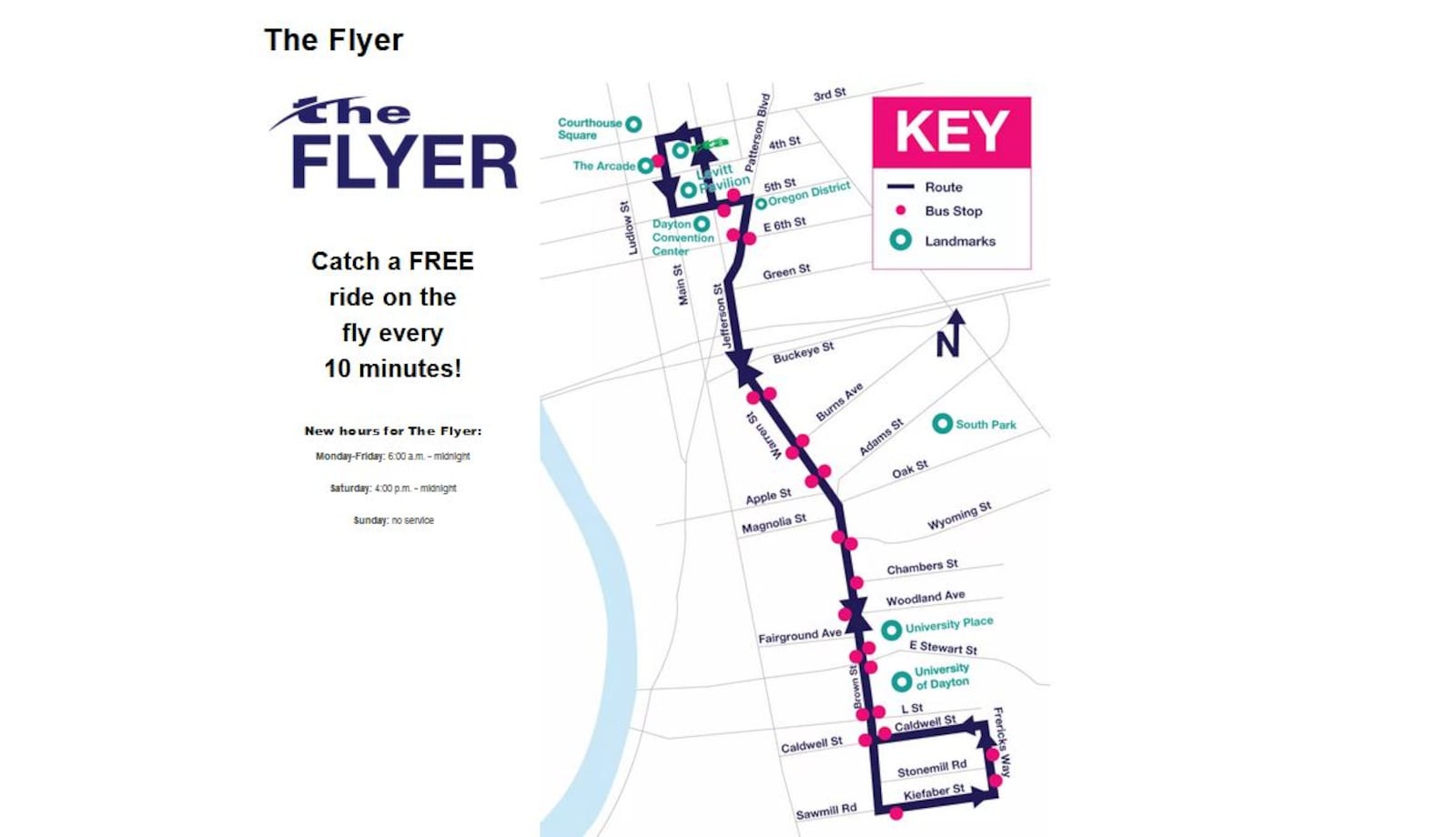 A map showing the Flyer's route from Brown Street to downtown. The free bus has 25 stops. CONTRIBUTED