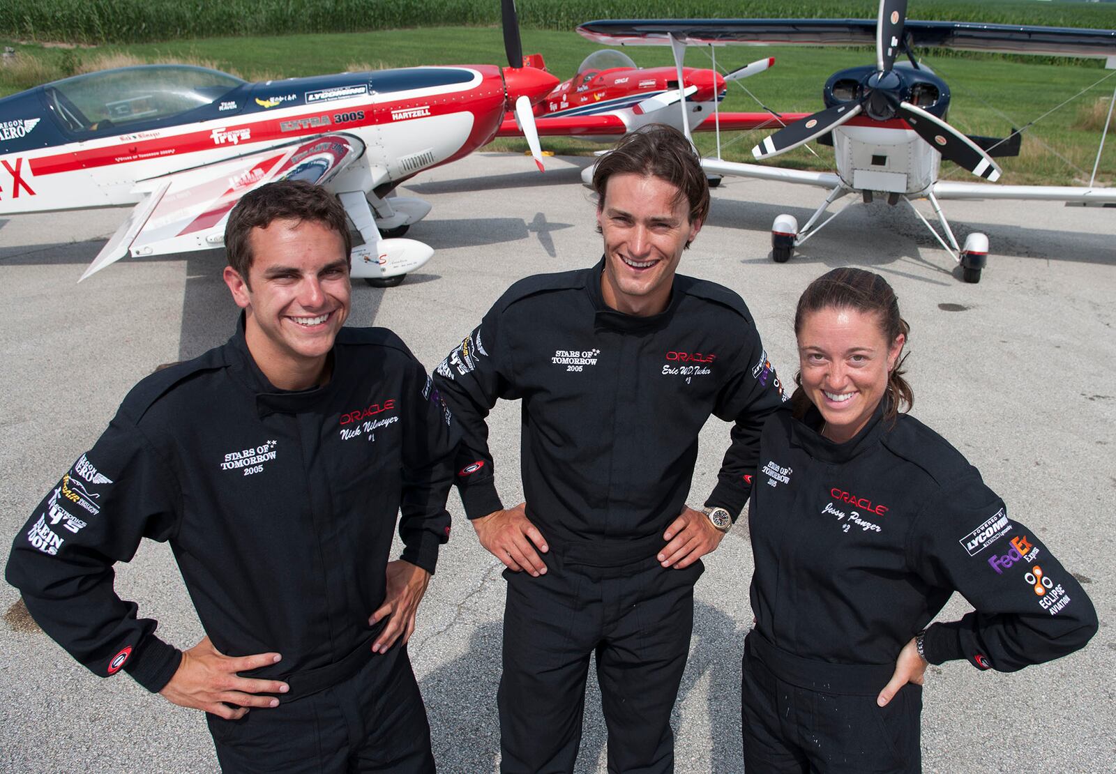 2005 photo of Stars of Tomorrow who made their Dayton Air Show debut that year.  Pilots left to right are Nick Nilmeyer, Eric Tucker and Jessy Panzer. Panzer is scheduled to fly as wingman with Sean D.Tucker in the 2019 Dayton Air Show.   TY GREENLEES / STAFF