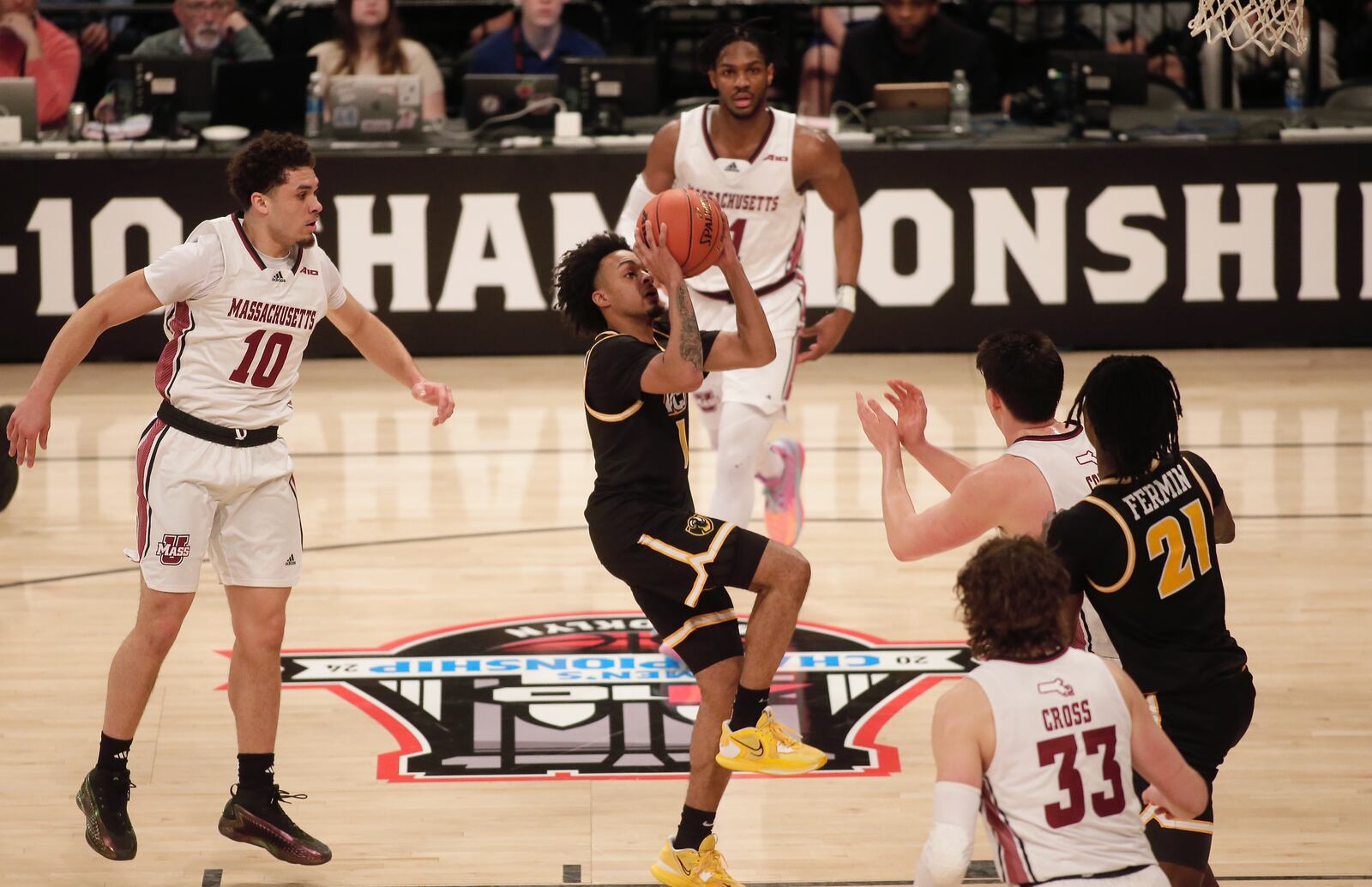 Virginia Commonwealth's Jason Nelson scores against Massachusetts in the quarterfinals of the Atlantic 10 Conference tournament on Thursday, March 14, 2024, at the Barclays Center in Brooklyn, N.Y. David Jablonski/Staff