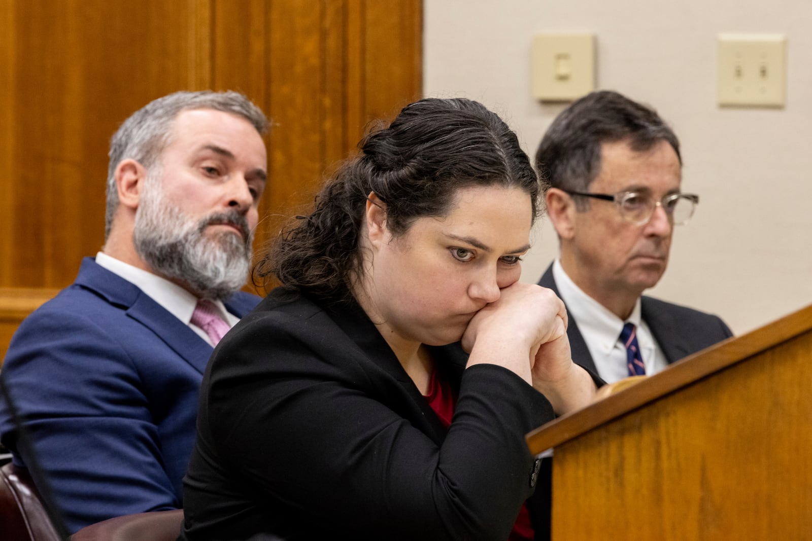 Defense attorneys, from left, Dustin Kirby, Kaitlyn Beck and John Donnelly listen during defendant Jose Ibarra's trial at the Athens-Clarke County Superior Court, Tuesday, Nov. 19, 2024, in Athens, Ga. (Arvin Temkar/Atlanta Journal-Constitution via AP, Pool)