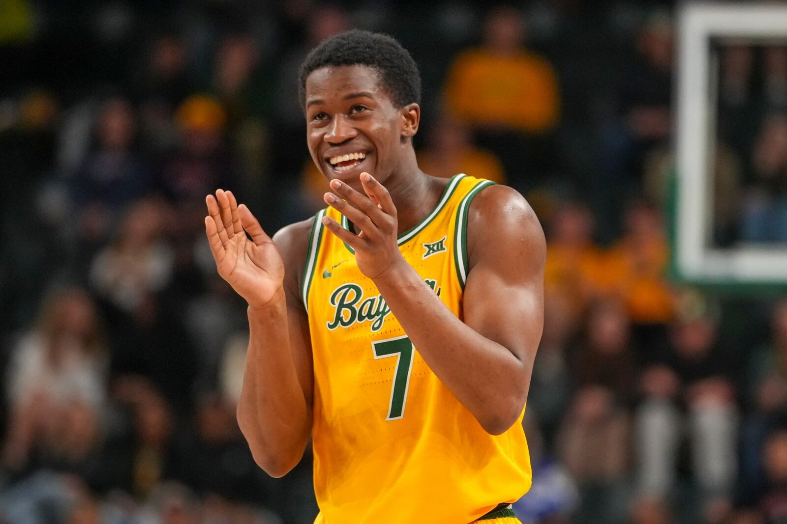 Baylor guard VJ Edgecombe reacts during the first half of an NCAA college basketball game against Arizona Monday, Feb. 17, 2025, in Waco, Texas. (AP Photo/Julio Cortez)