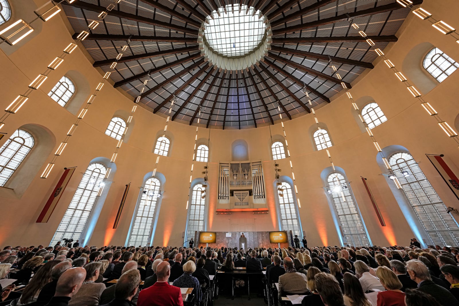 American journalist and historian Anne Applebaum delivers a speech after she was awarded the Peace Prize of the German Publishers and Booksellers Association during a ceremony at the St. Paul's Church in Frankfurt, Germany, Sunday, Oct. 20, 2024.(AP Photo/Martin Meissner, Pool)