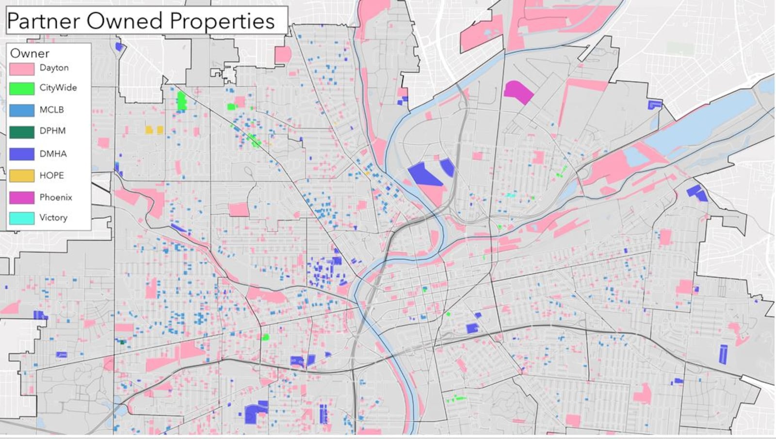 A map of properties owned by the city of Dayton and its "partners," like CityWide, Greater Dayton Premier Management, and others. CONTRIBUTED