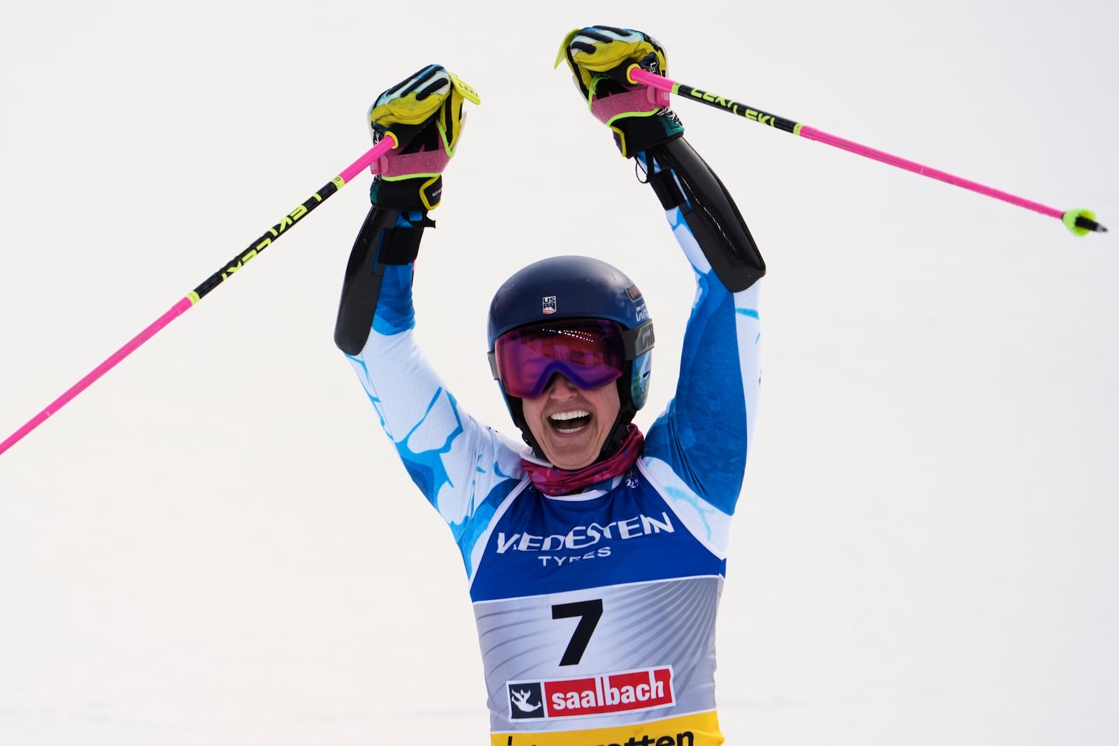 United States' Paula Moltzan celebrates at the finish area of a women's giant slalom, at the Alpine Ski World Championships, in Saalbach-Hinterglemm, Austria, Thursday, Feb. 13, 2025. (AP Photo/Giovanni Auletta)