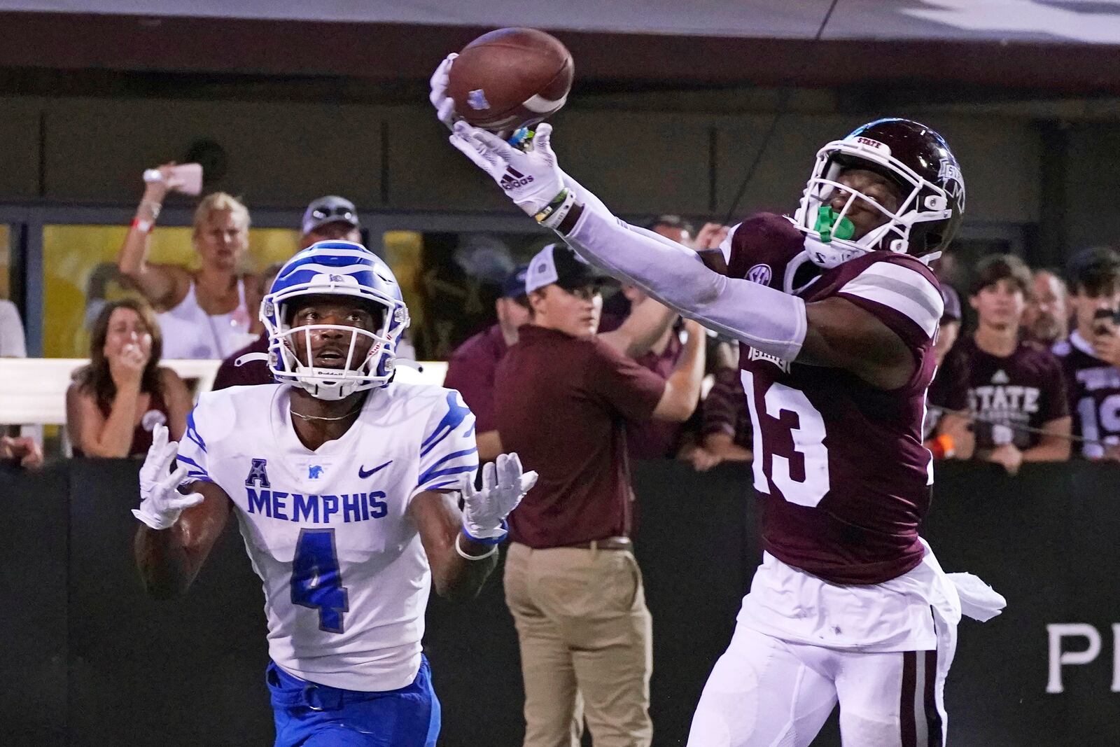 Mississippi State cornerback Emmanuel Forbes (13) knocks away a pass intended for Memphis wide receiver Javon Ivory (4) in the end zone during the second half of an NCAA college football game in Starkville, Miss., Saturday, Sept. 3, 2022. Mississippi State won 49-23. (AP Photo/Rogelio V. Solis)