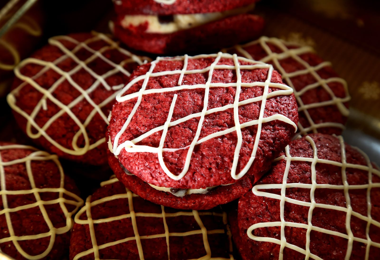 Red Velvet Cannoli Cream Sandwich Cookies by Laura Haber of Miamisburg. LISA POWELL / STAFF