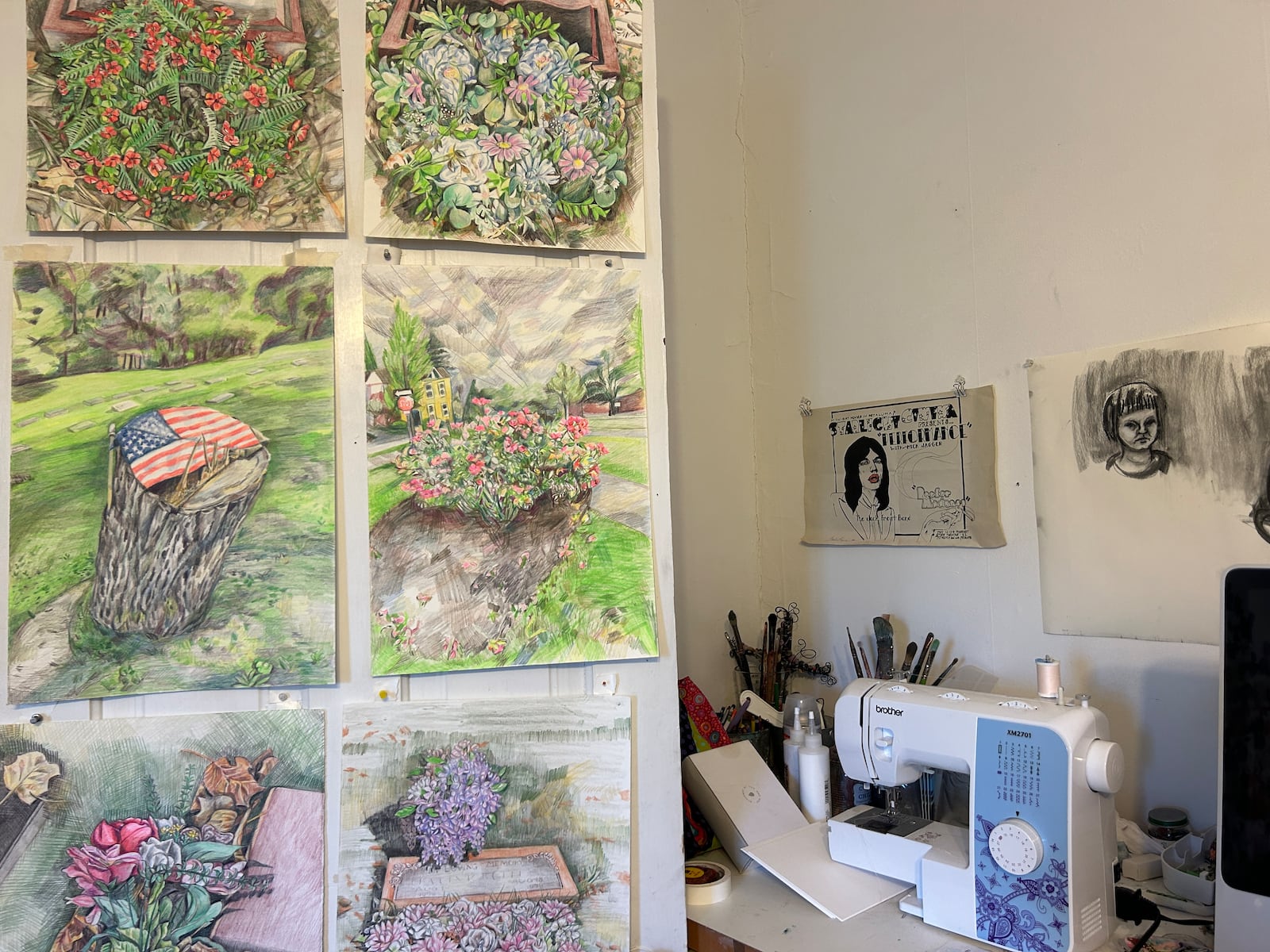 Colored pencil drawings of Woodland Cemetery in the home studio of artist and professor Bridgette Bogle, who often works in textiles and painting. "I’ve been working on colored pencils drawings of scenes from Woodland Cemetery, where the Wright Brothers and other Dayton luminaries are buried," she said.