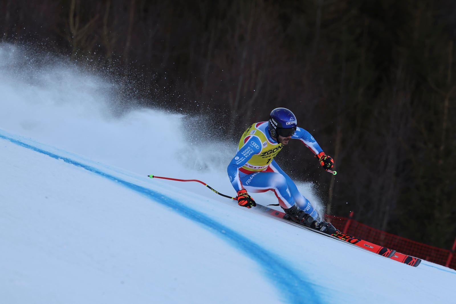 France's Cyprien Sarrazin speeds down the course during an alpine ski, men's World Cup downhill training, in Bormio, Italy, Friday, Dec. 27, 2024. (AP Photo/Marco Trovati)