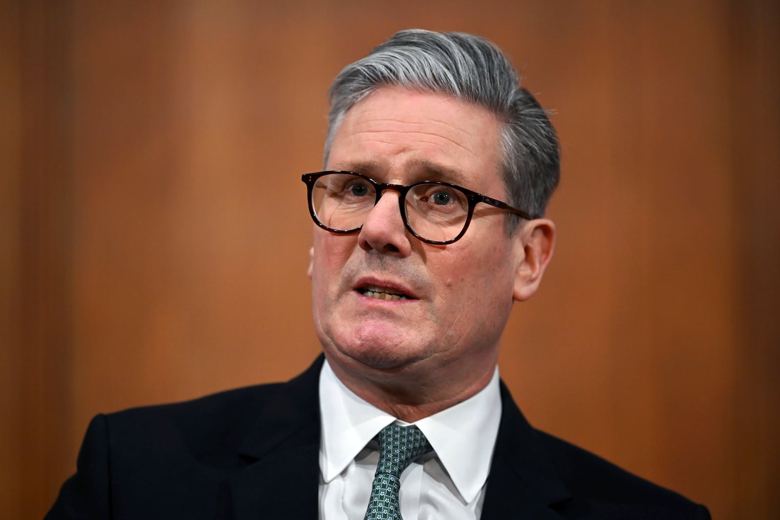 Britain's Prime Minister Keir Starmer delivers a statement on Defence spending at Downing Street in London, Tuesday, Feb, 25, 2025. (Leon Neal/Pool photo via AP)