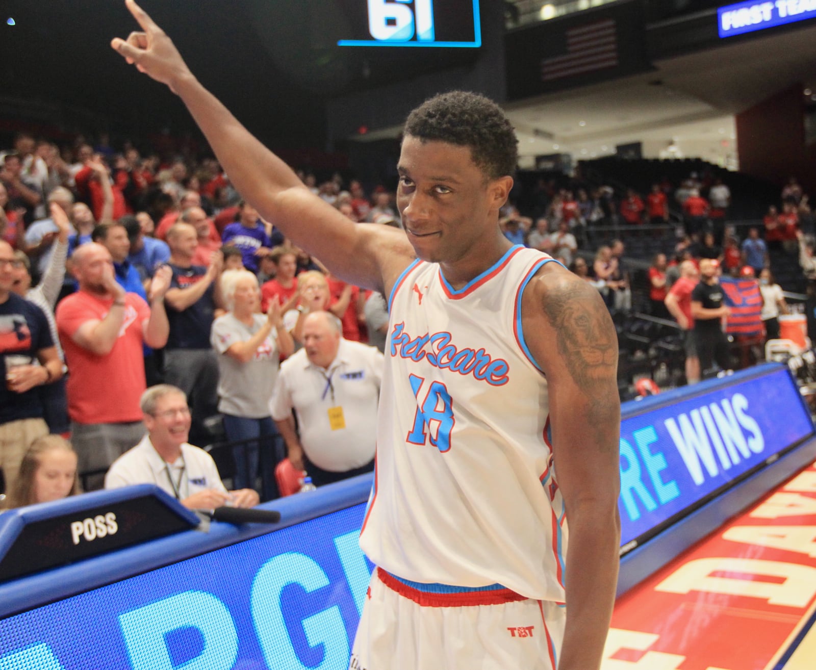 The Red Scare's Jordan Sibert reacts after his game-ending 3-pointer against the Golden Eagles in The Basketball Tournament on Wednesday, July 27, 2022, at UD Arena. David Jablonski/Staff