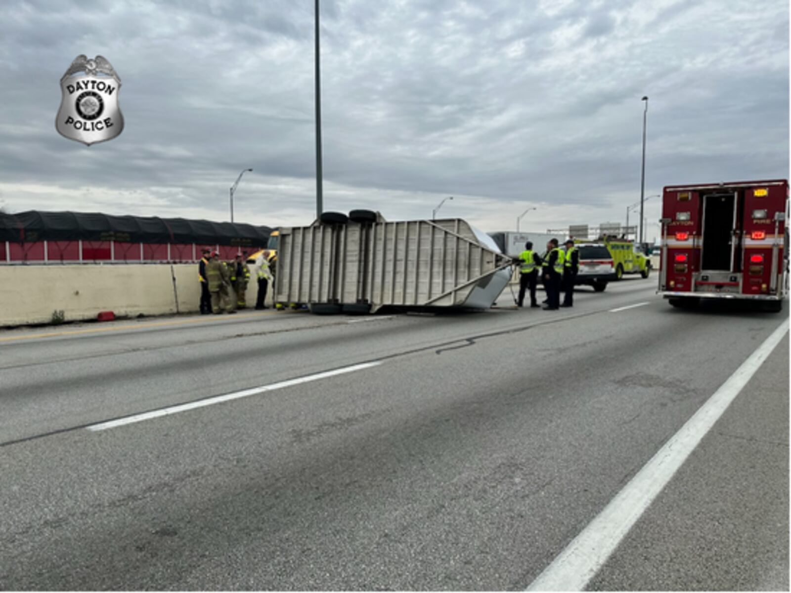 A veterinarian determined that two horses inside a trailer that overturned Monday afternoon, Nov. 20, 2023, appeared to be OK. The crash happened on Interstate 75 North near Main Street in Dayton. CONTRIBUTED